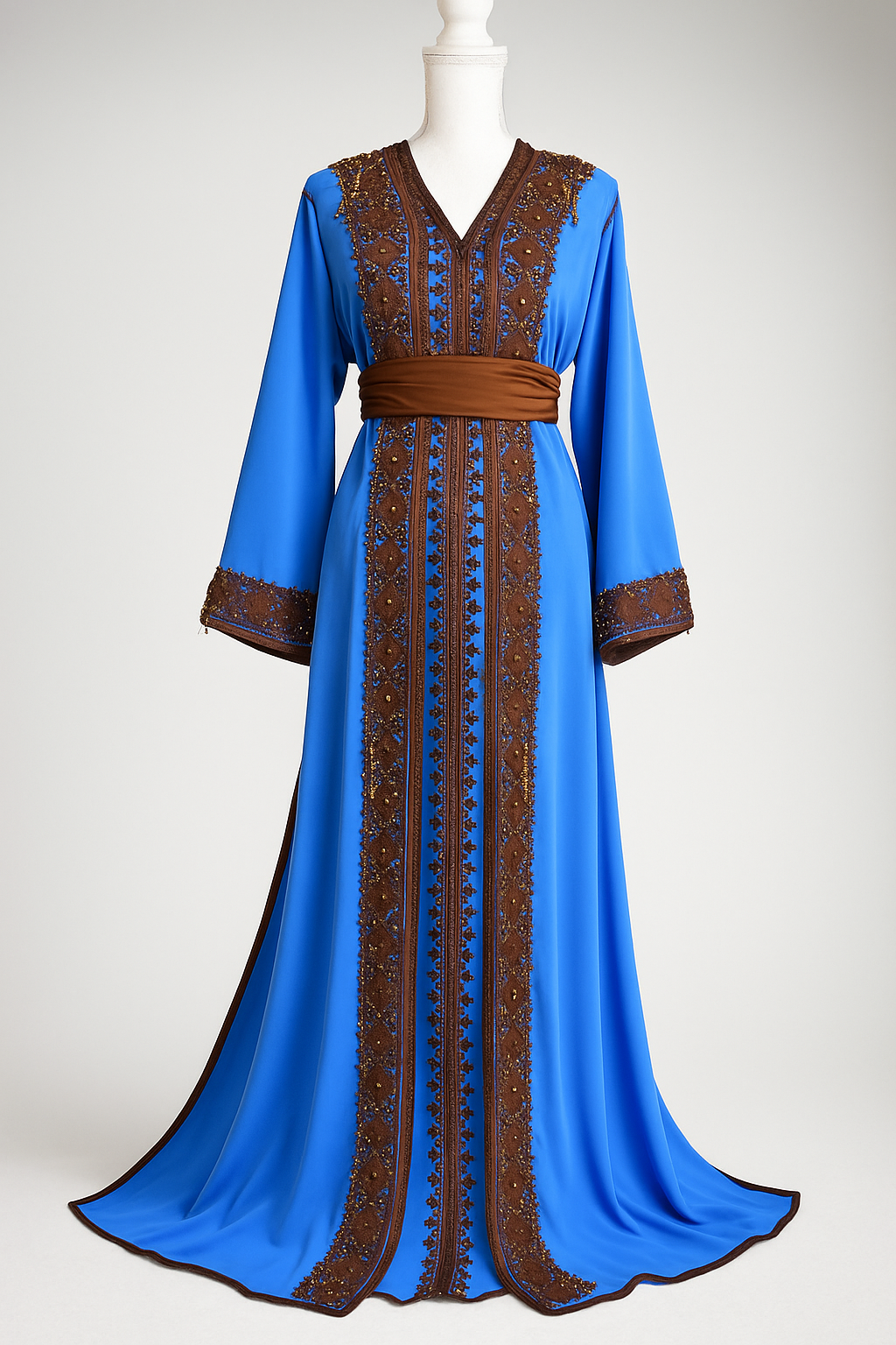 Royal Blue Takchita – Brown Embroidery & Multicolored Beads