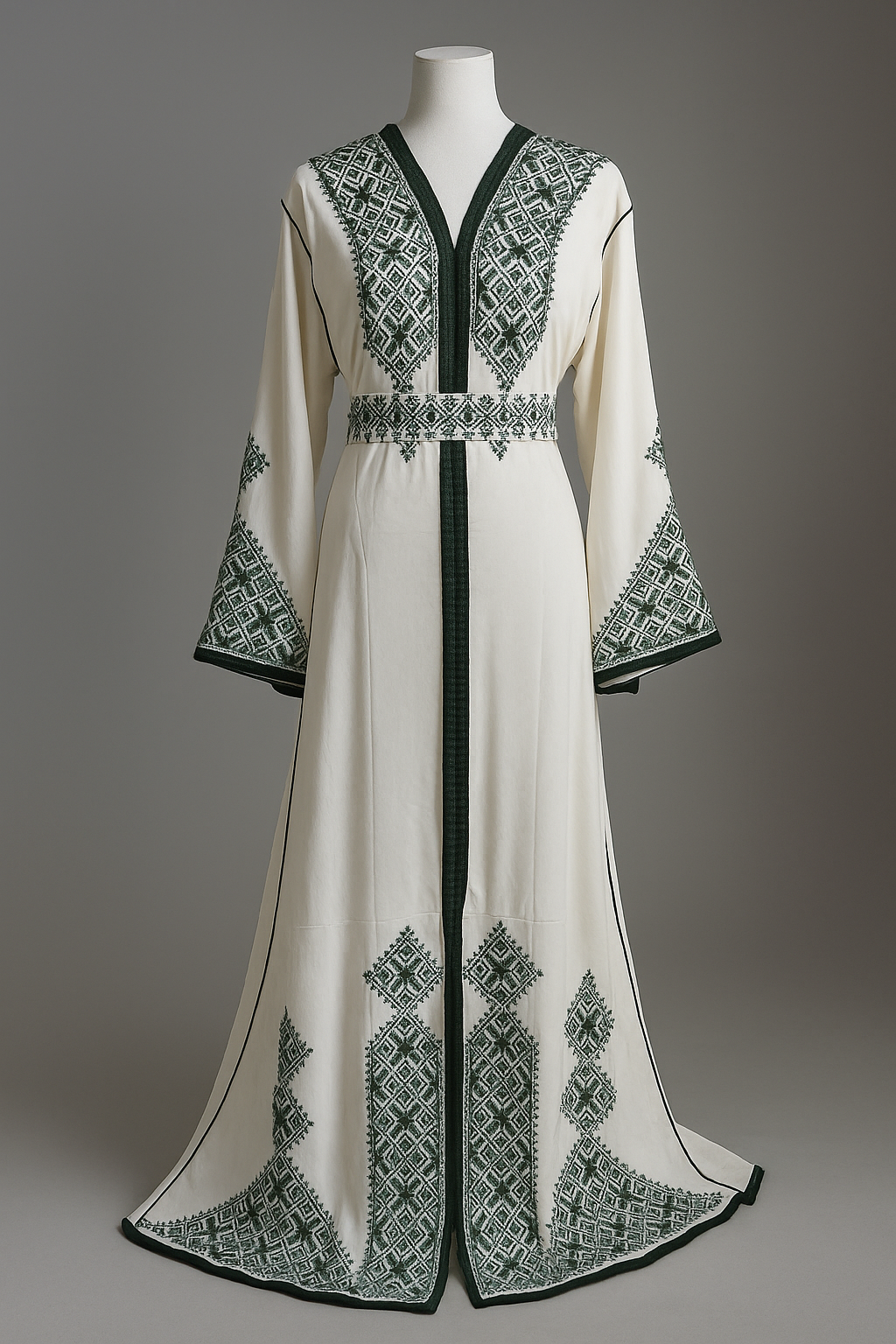 Caftan Blanc Brodé Vert Foncé – Broderies Traditionnelles Marocaines