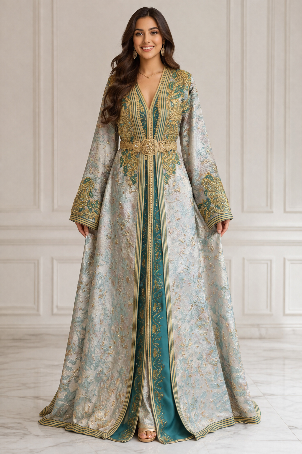 Cyan & Gold Brocade Haute Couture Kaftan