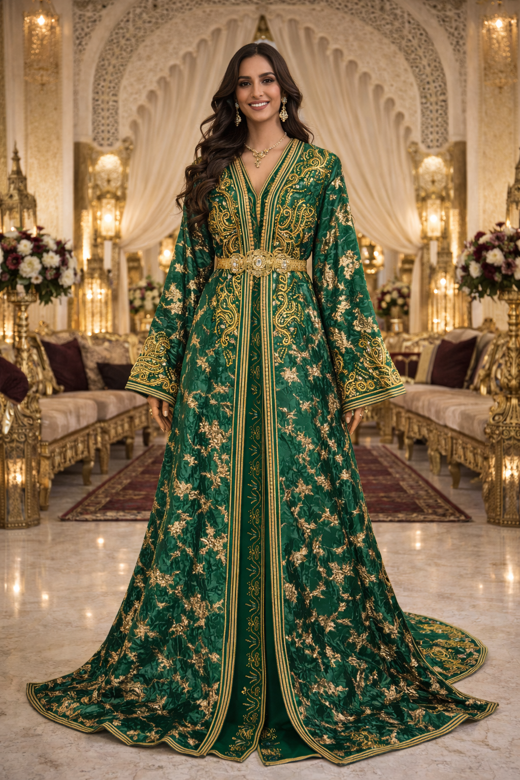 Green, Gold & Pearlescent Brocade Haute Couture Takchita