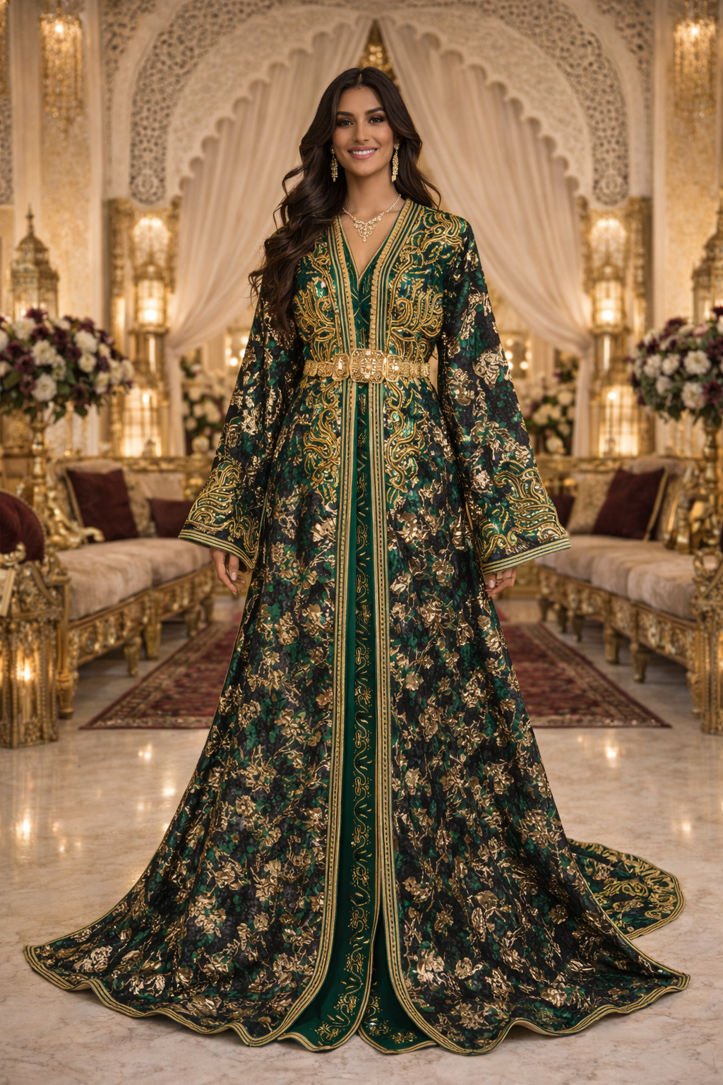 Green, Gold & Black Brocade Haute Couture Takchita – Royal Audacity & Moroccan Luxury