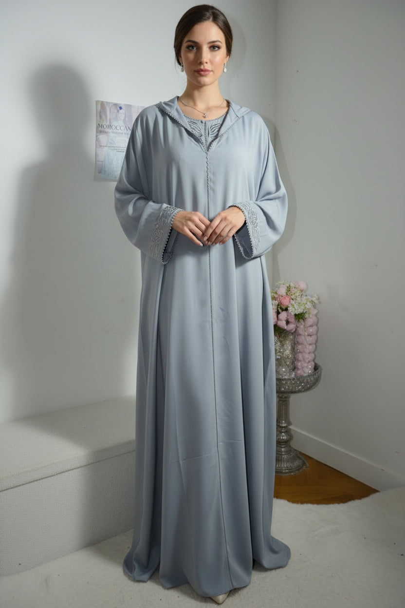 Djellaba 2 Pièces Gris - Caftan Marocain Femme Élégant