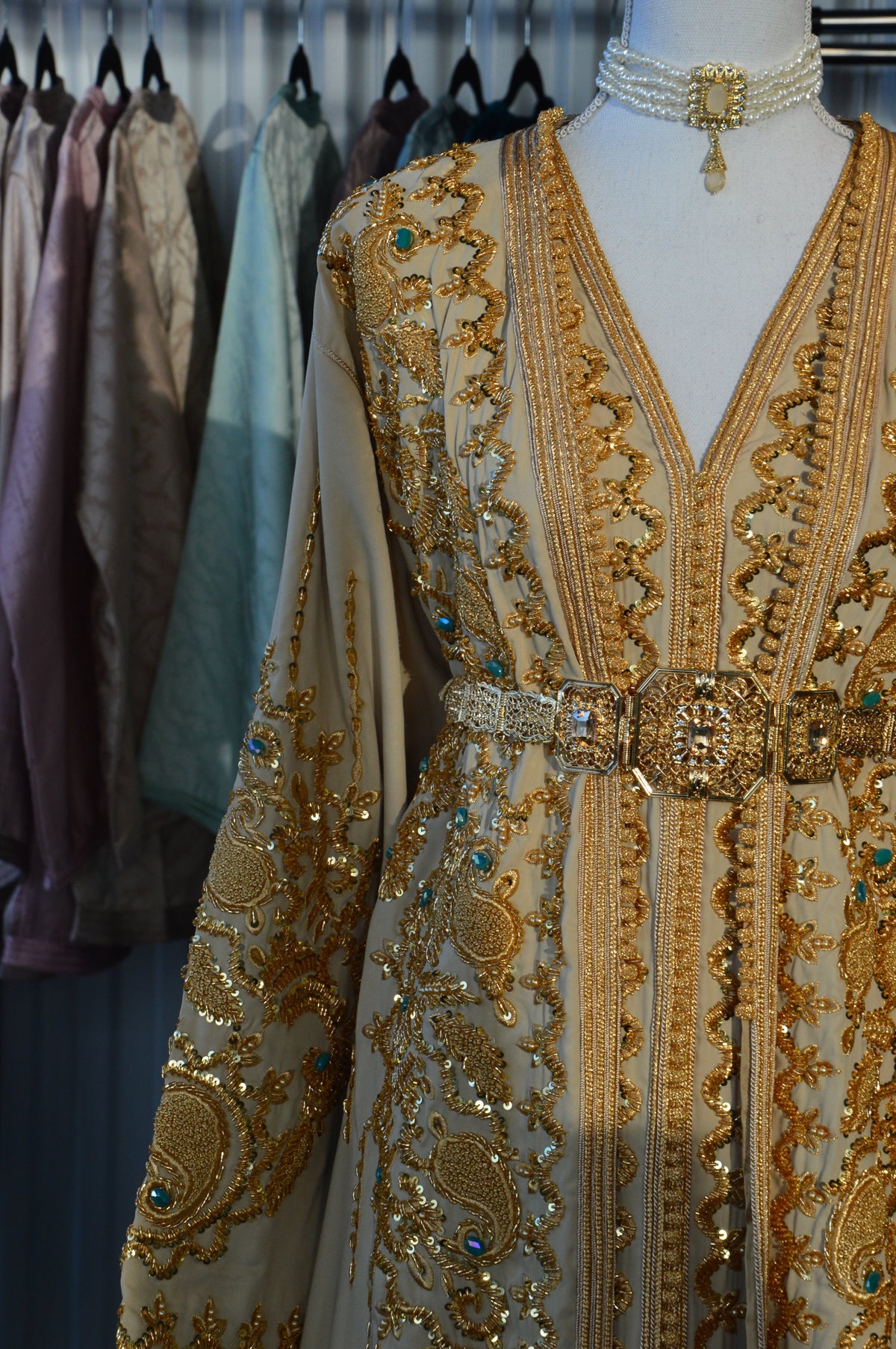 Haute Couture Takchita in Nude & Sky Blue Pearlescent Crepe – Celestial Softness & Moroccan Luxury