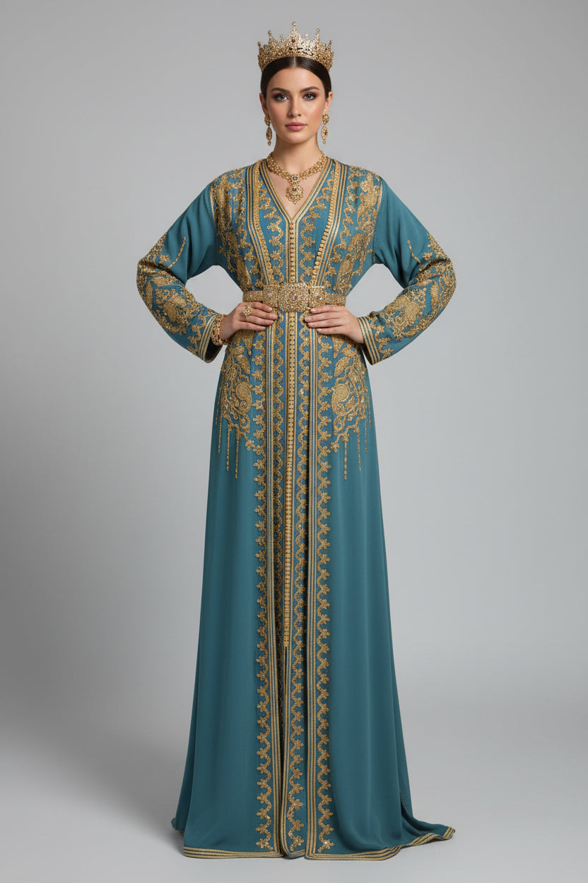 Blue & Gold Crepe Haute Couture Takchita – Royal Flow & Moroccan Luxury