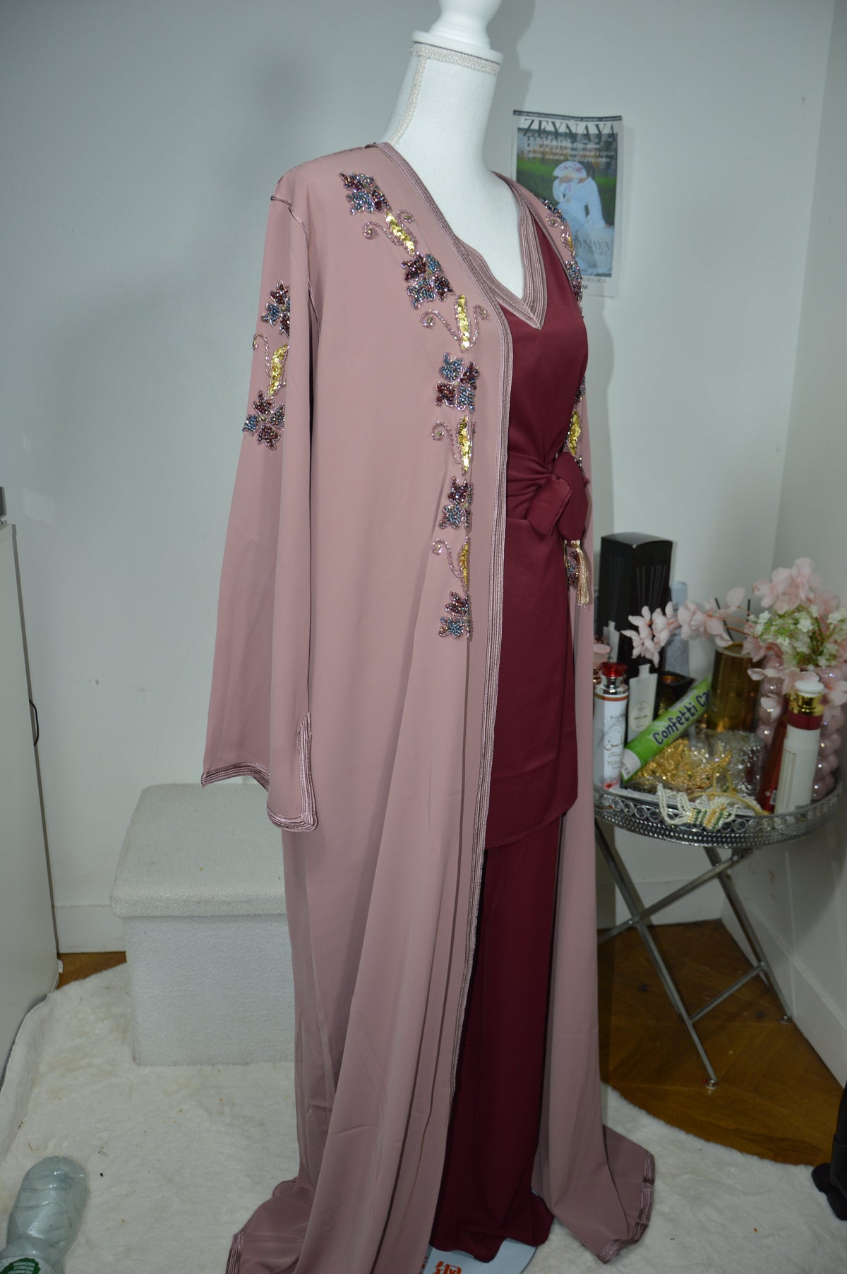 Kimono Crêpe Premium 4 Pièces Brodé Perlé - Vieux Rose