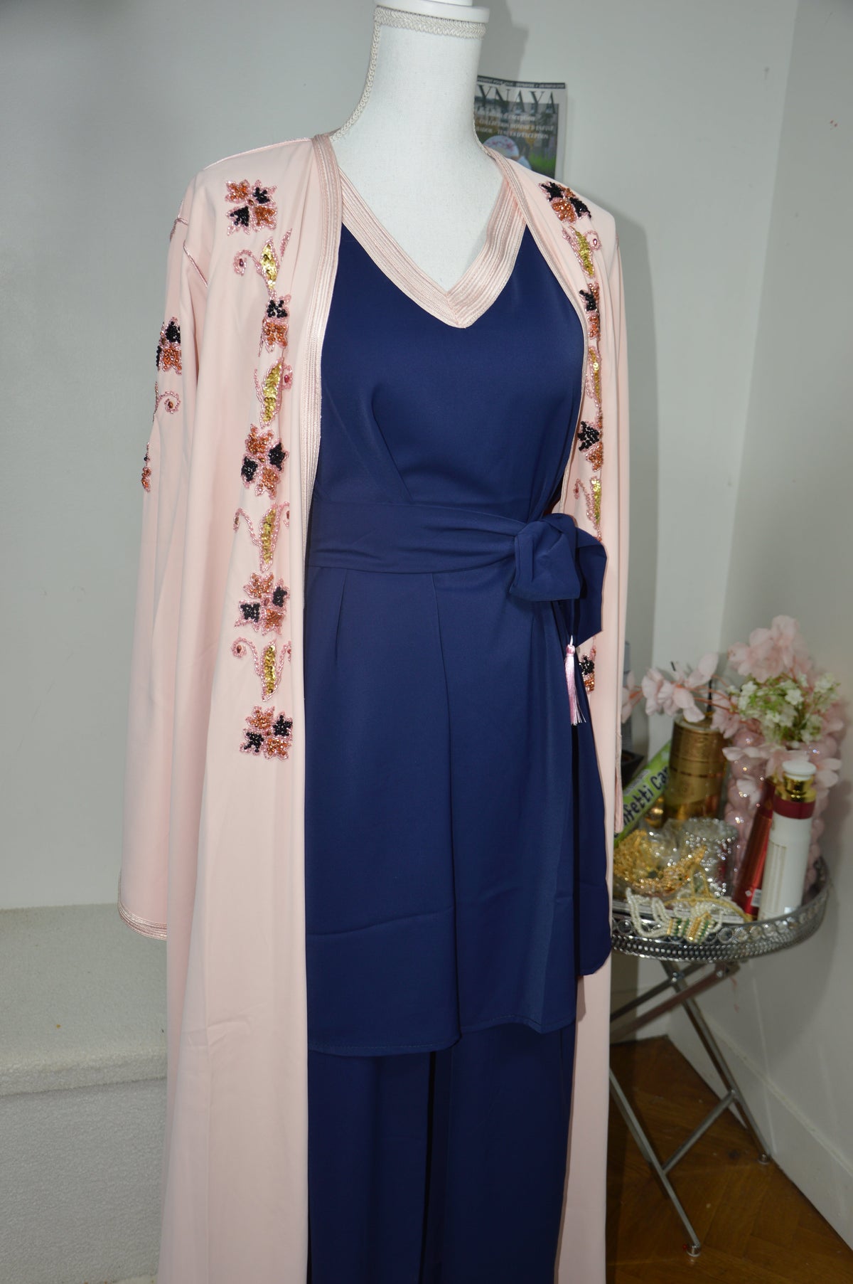 Kimono Crêpe Premium 4 Pièces Brodé Perlé - Rose Bébé