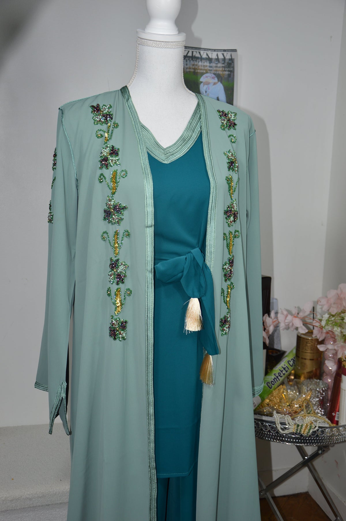 Kimono Crêpe Premium 4 Pièces Brodé Perlé - Bleu Vert Eau