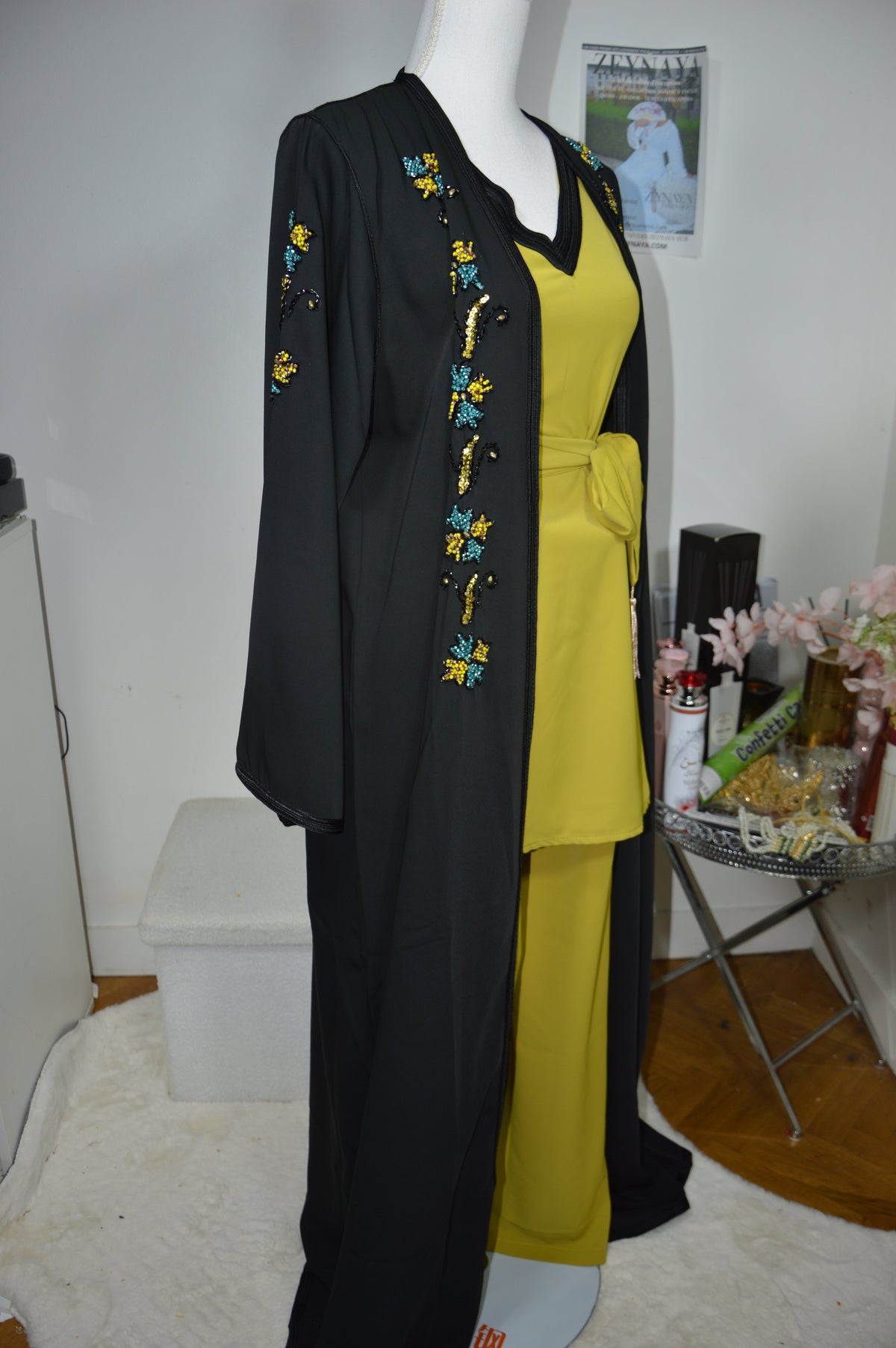 Kimono Crêpe Premium 4 Pièces Brodé Perlé - Noir Élégance