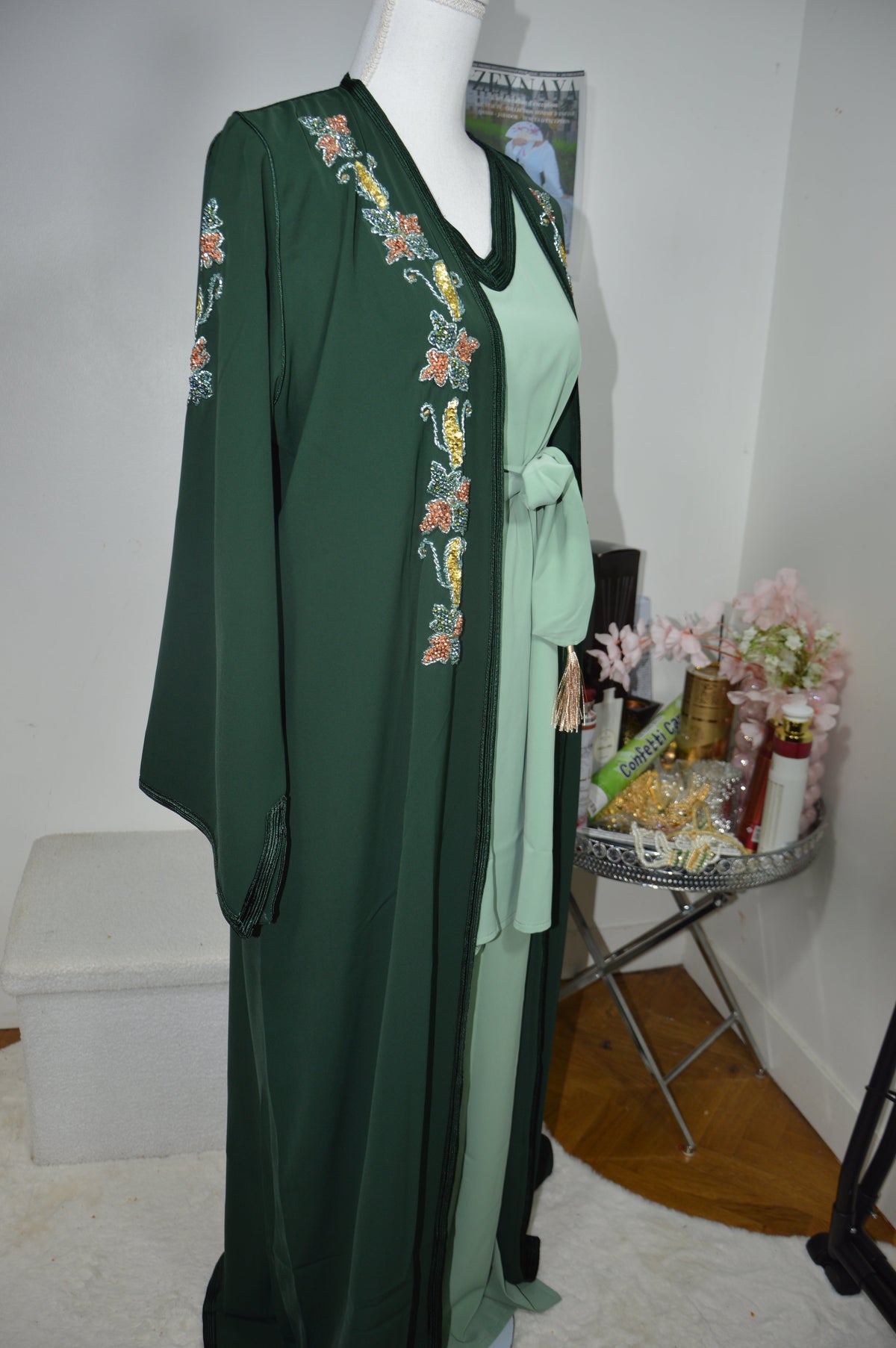 Kimono Crêpe Premium 4 Pièces Brodé Perlé - Vert Émeraude