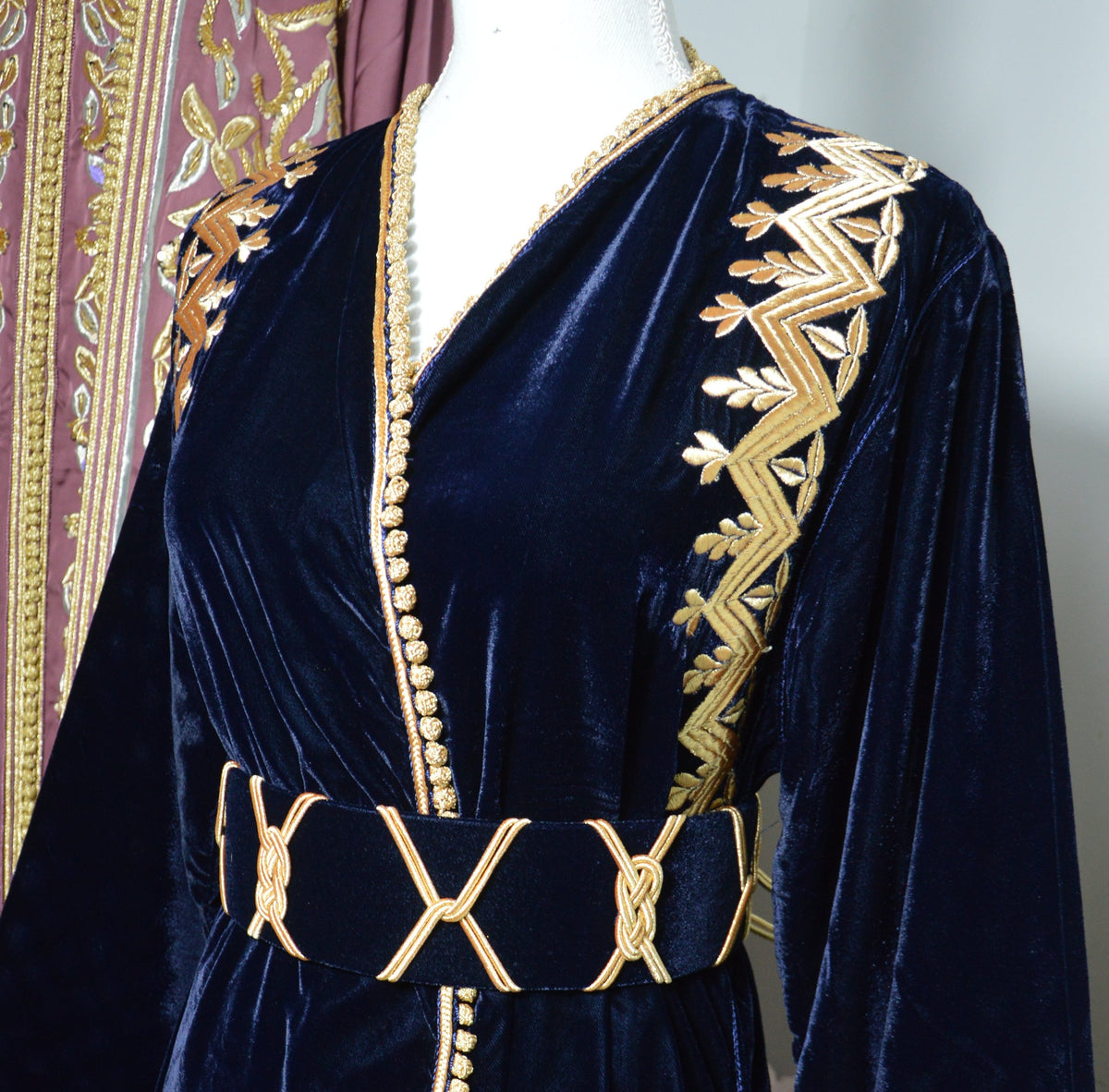 Caftan Kimono Velours Bleu Nuit - Élégance Marocaine