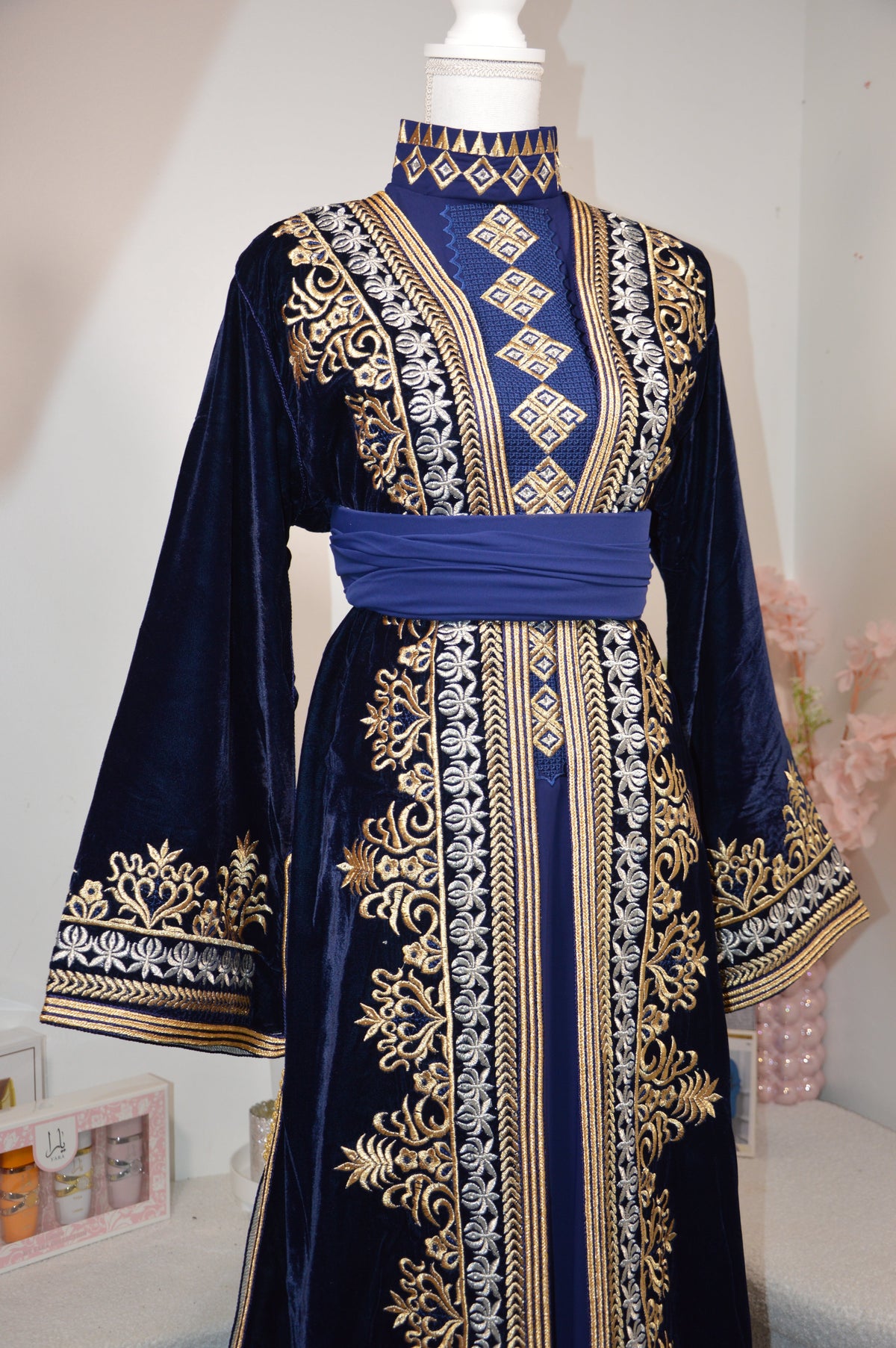 Royal Midnight Blue Velvet Takchita – Gold & Silver Embroidery