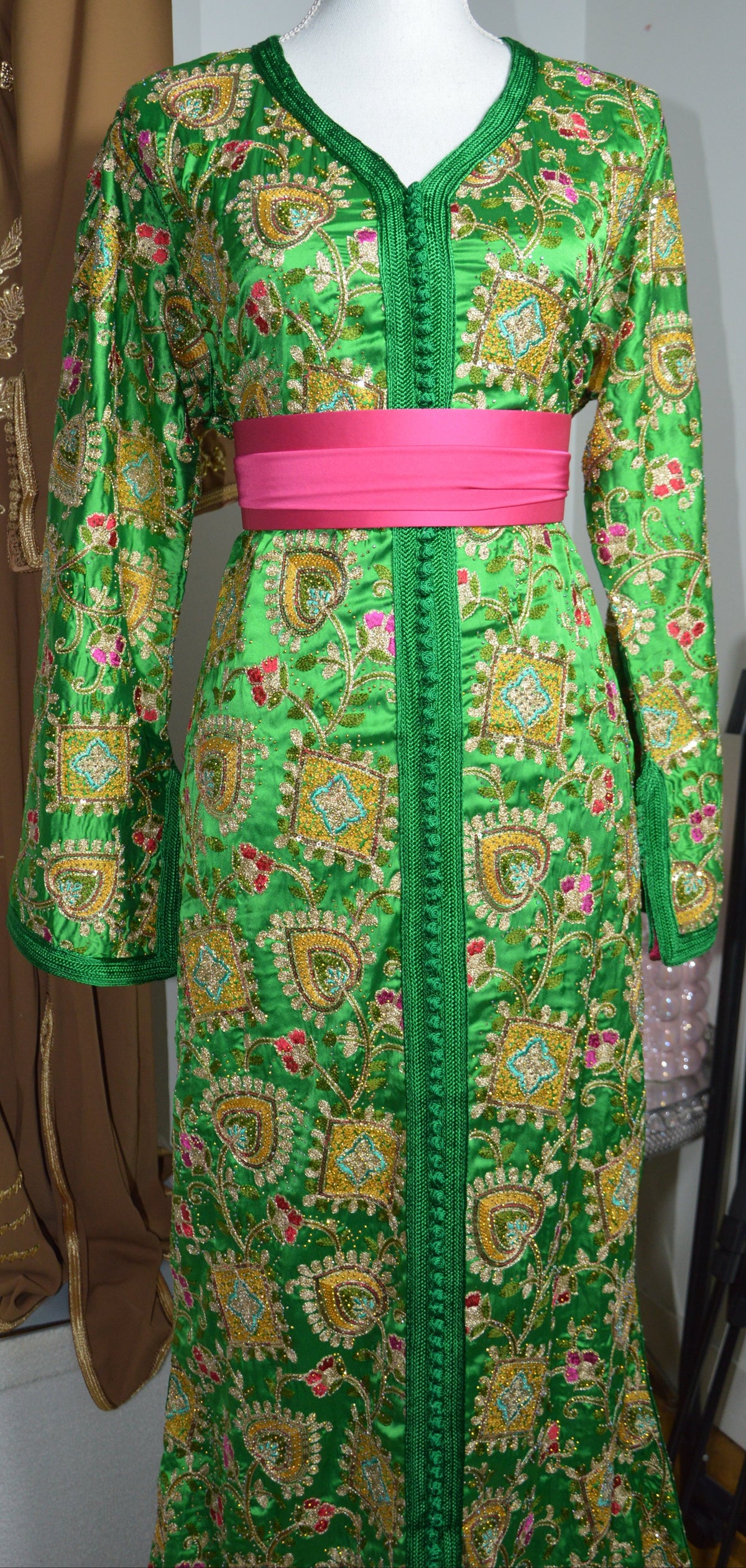 Caftan Sirène Sari Vert - Robe Marocaine Indienne Luxe
