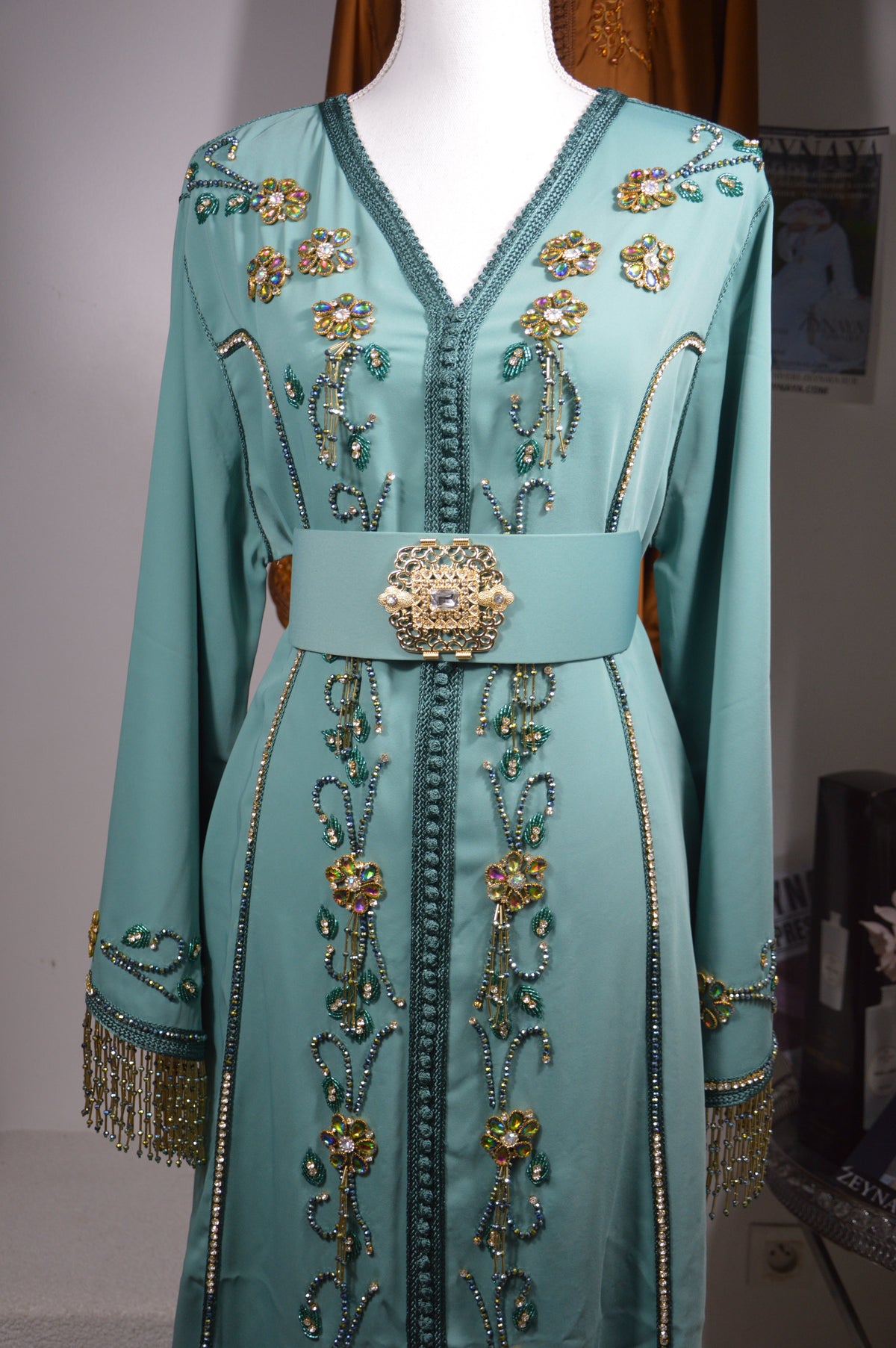Caftan Bleu Vert Émeraude - Élégance Marocaine Prestige