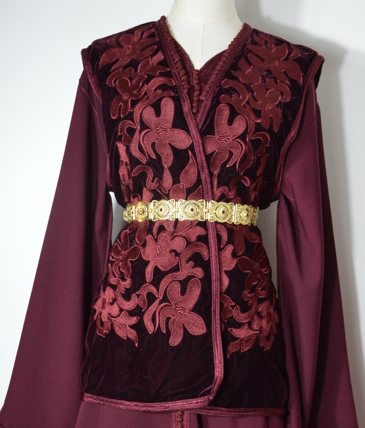 Caftan Veste Velours Bordeaux Fleuri - Ensemble 2 Pièces