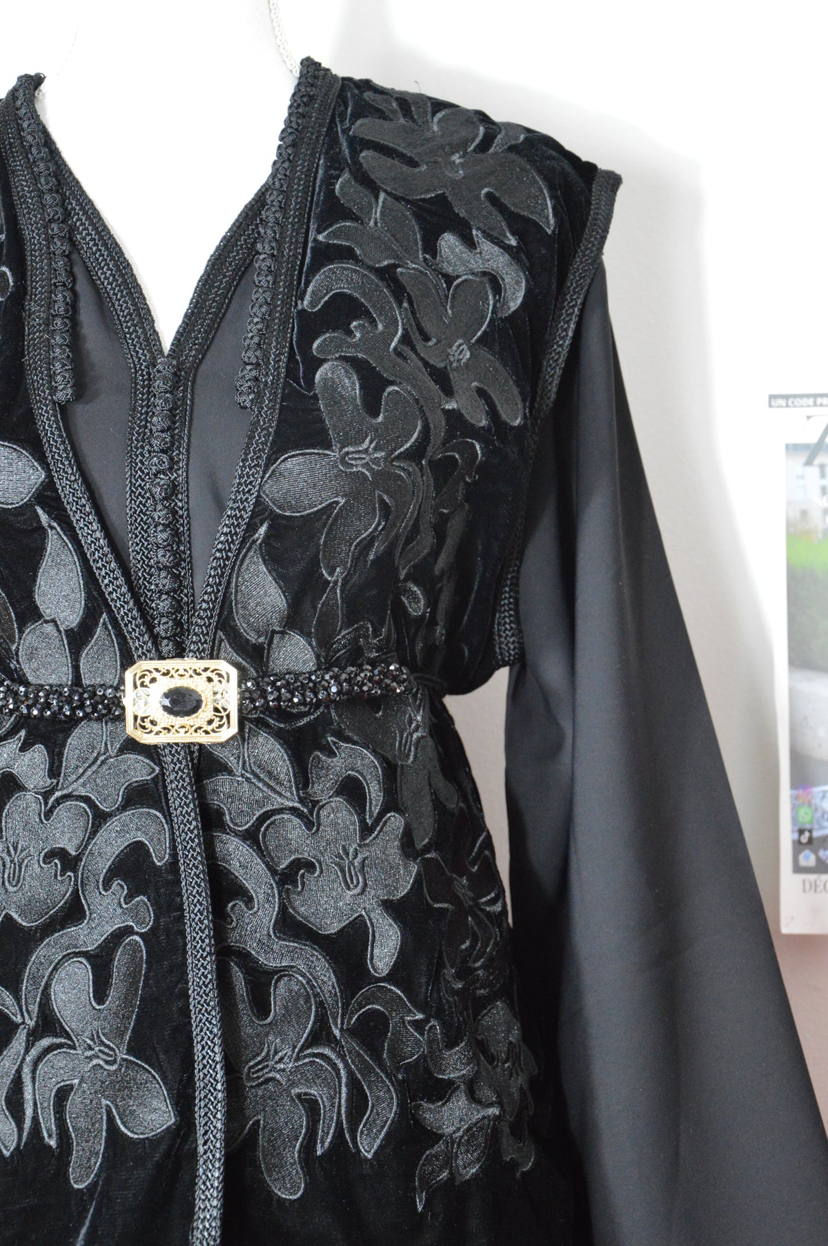 Caftan Veste Velours Noir Fleuri - Ensemble 2 Pièces