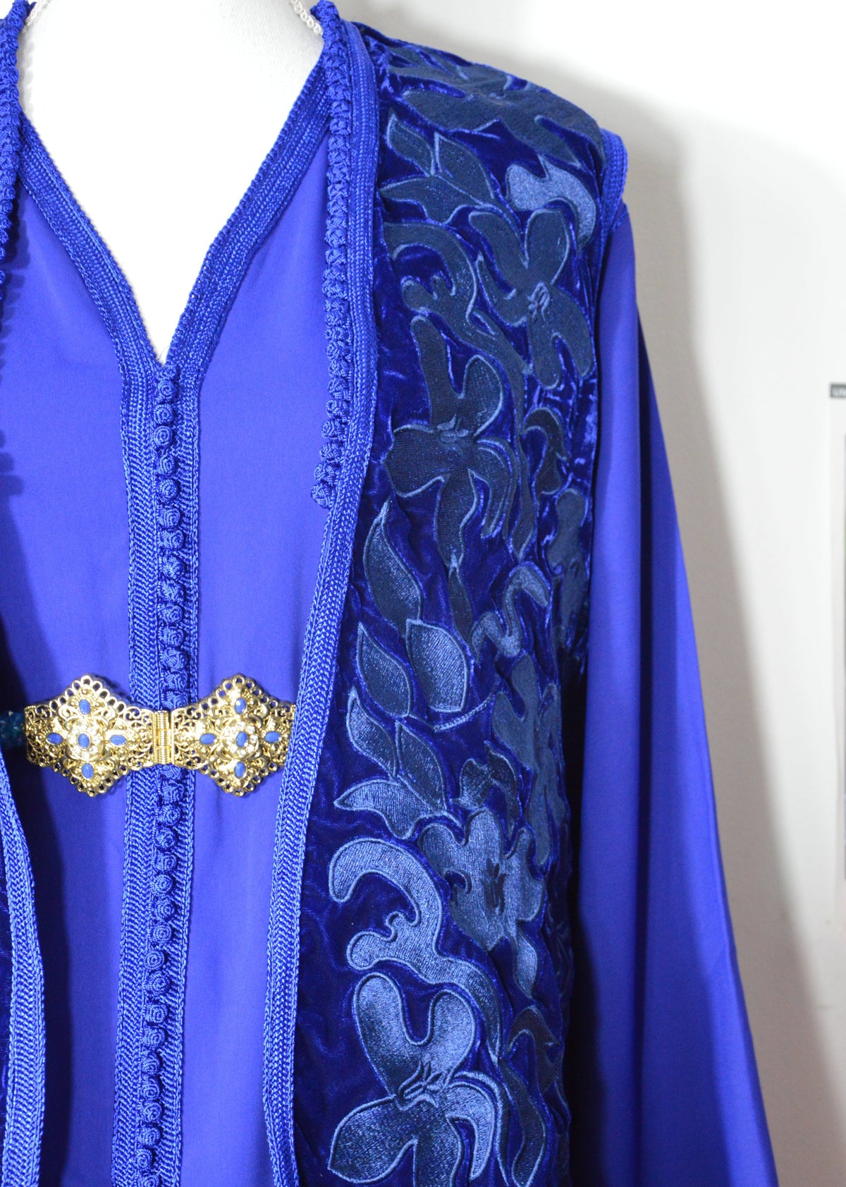 Caftan Veste Velours Bleu Fleuri - Ensemble 2 Pièces