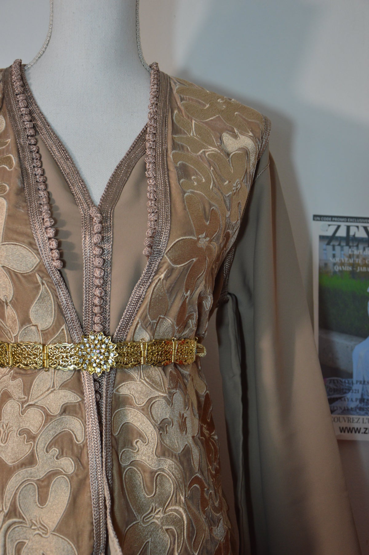 Caftan Veste Velours Crème Fleuri - Ensemble 2 Pièces