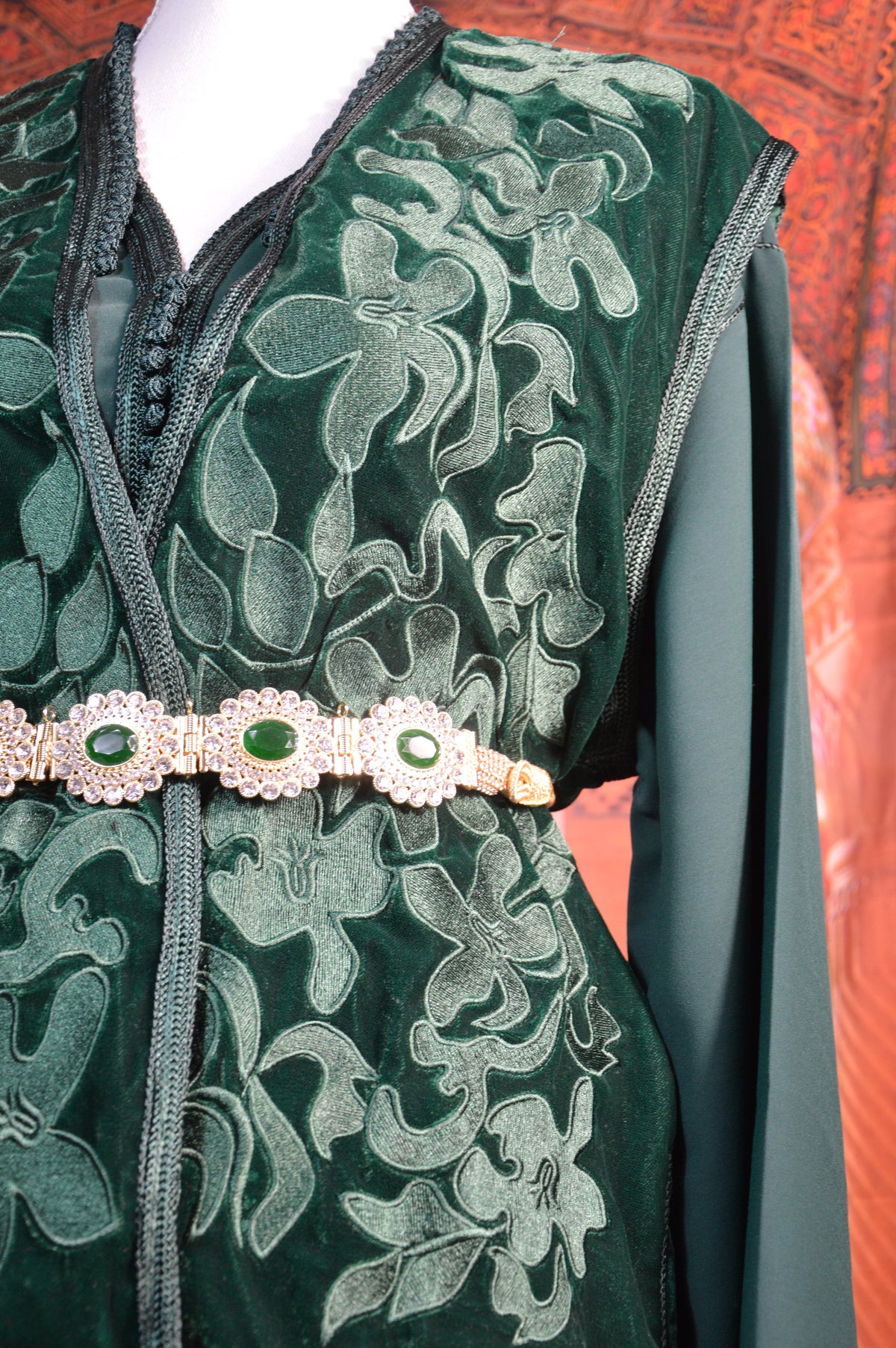 Caftan Veste Velours Vert Royal Fleuri - Ensemble 2 Pièces