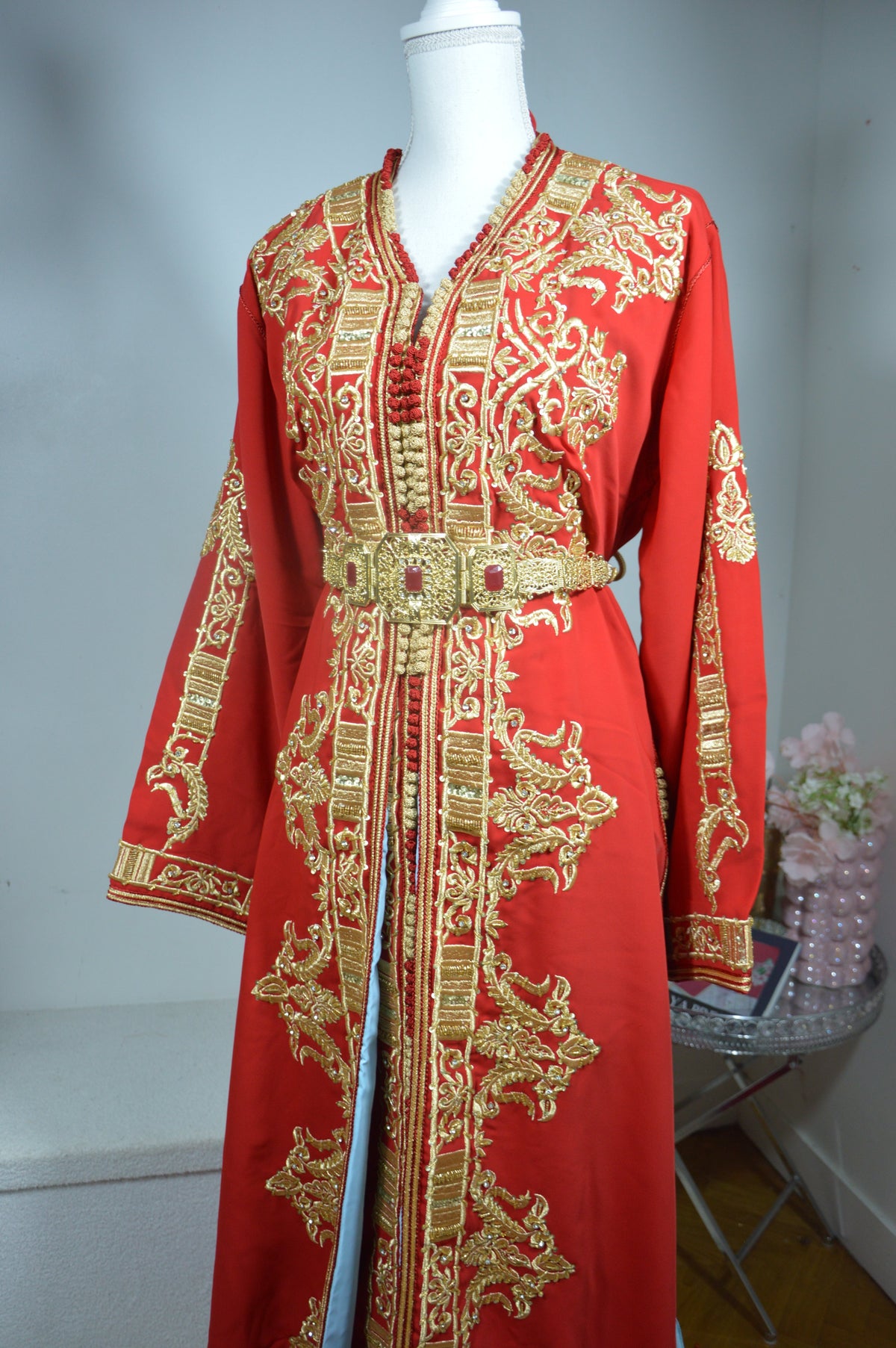 Moroccan Embroidered Red Takchita - Luxury High Fashion Two-Piece