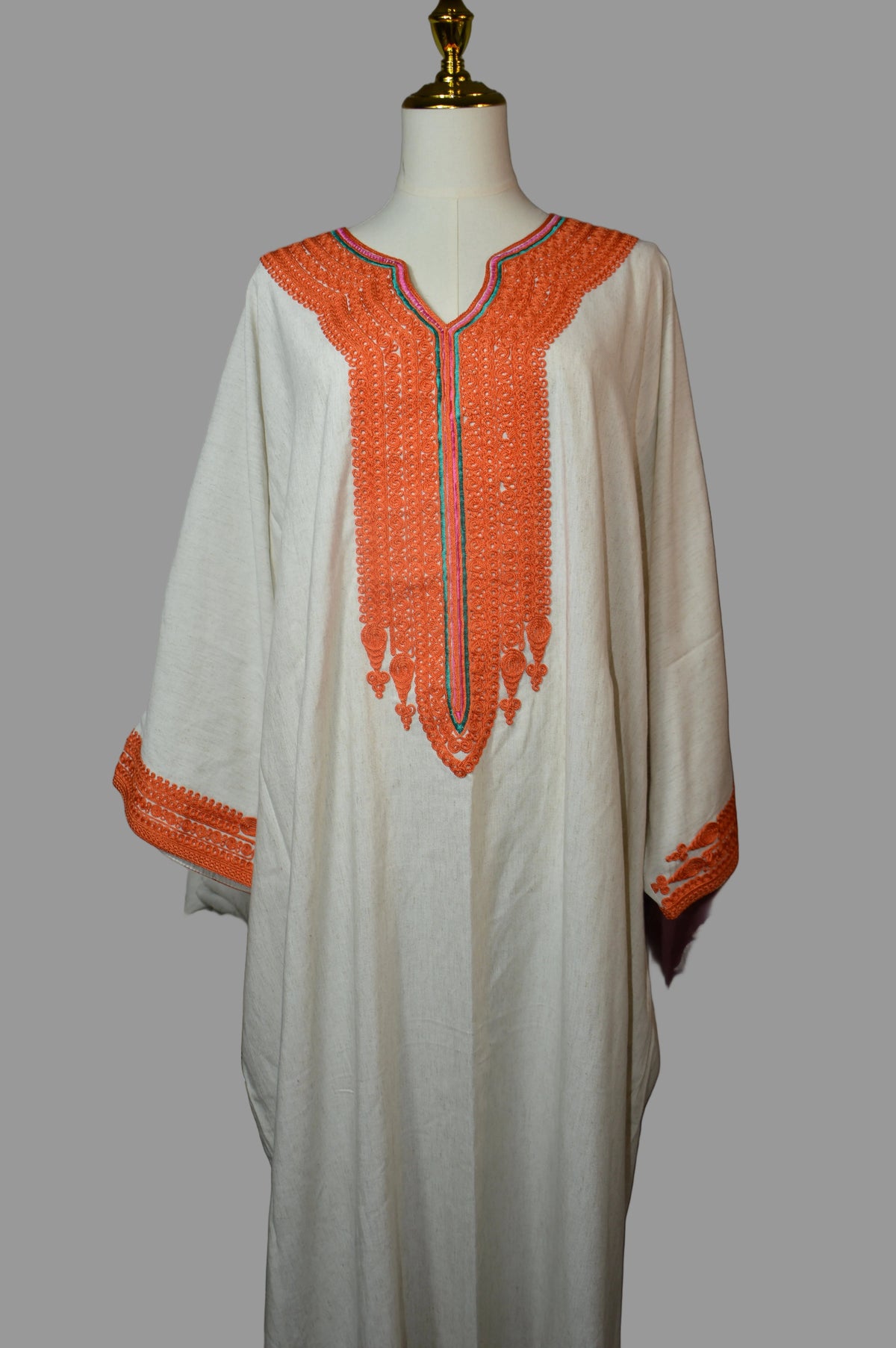 Gandoura Farasha Lin broderie orange - Robe Marocaine Légère Élégante