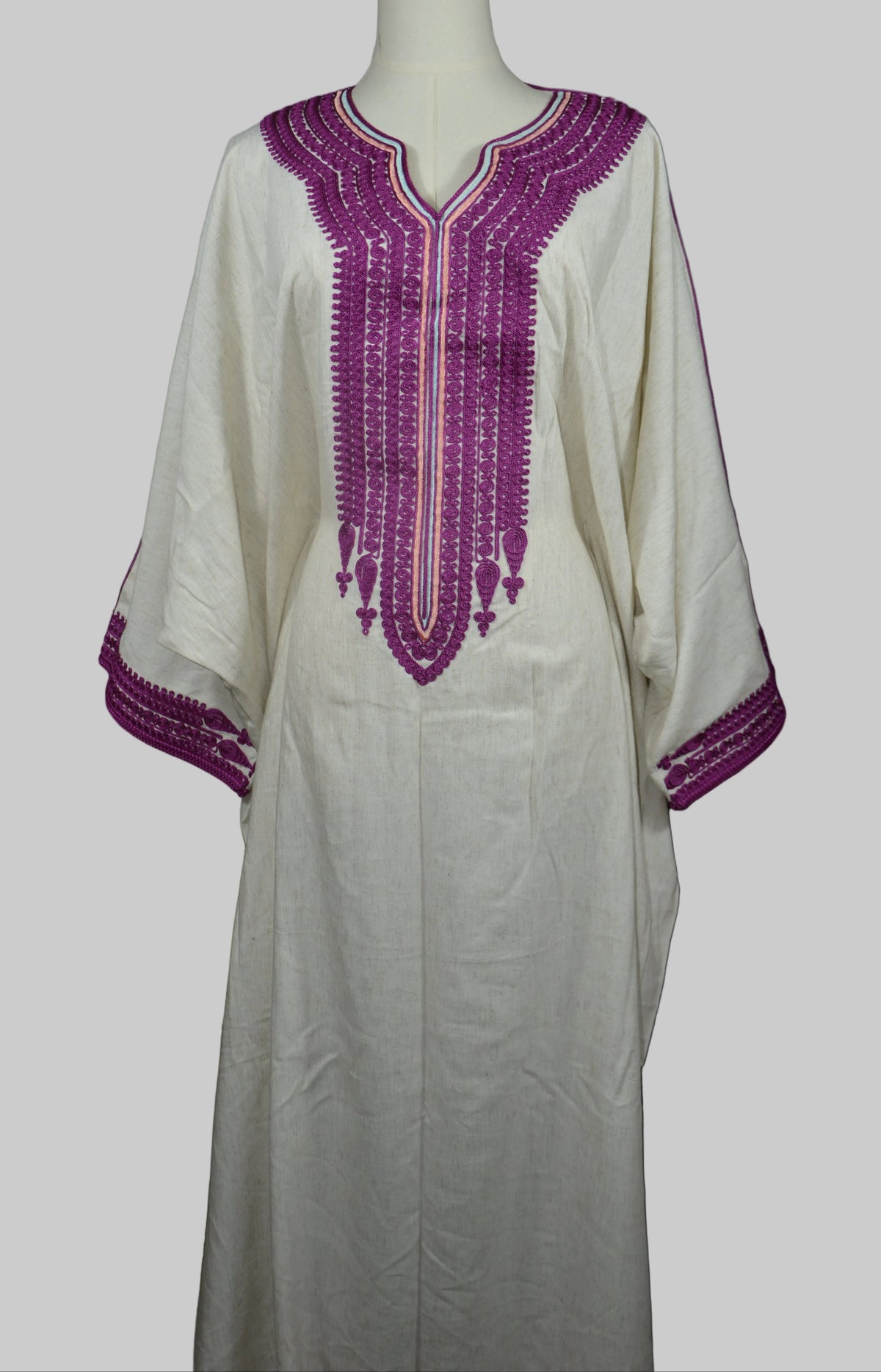 Gandoura Farasha Lin Broderie Violette - Robe Marocaine Élégante