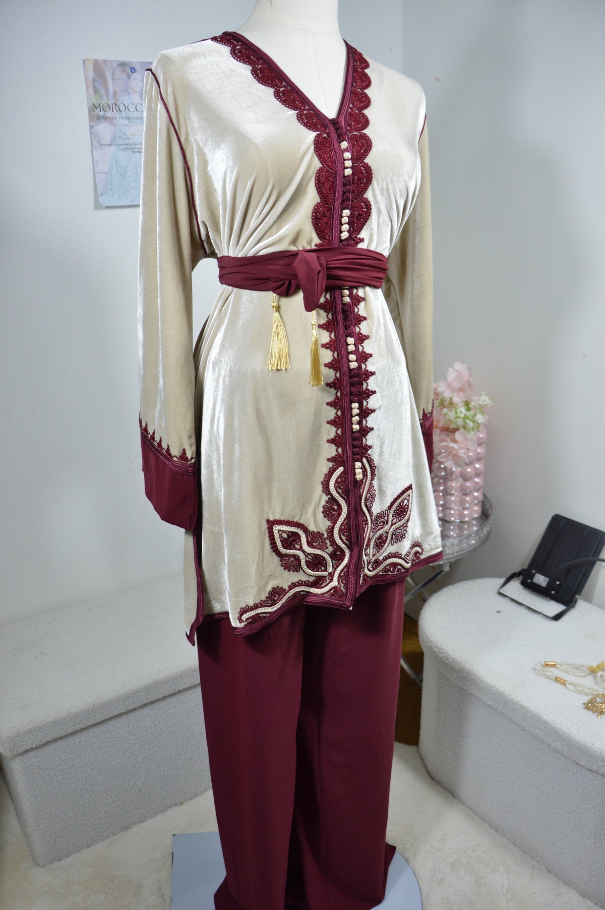 Jabador Blanc Bordeaux Femme - Ensemble 3 Pièces Velours et Crêpe