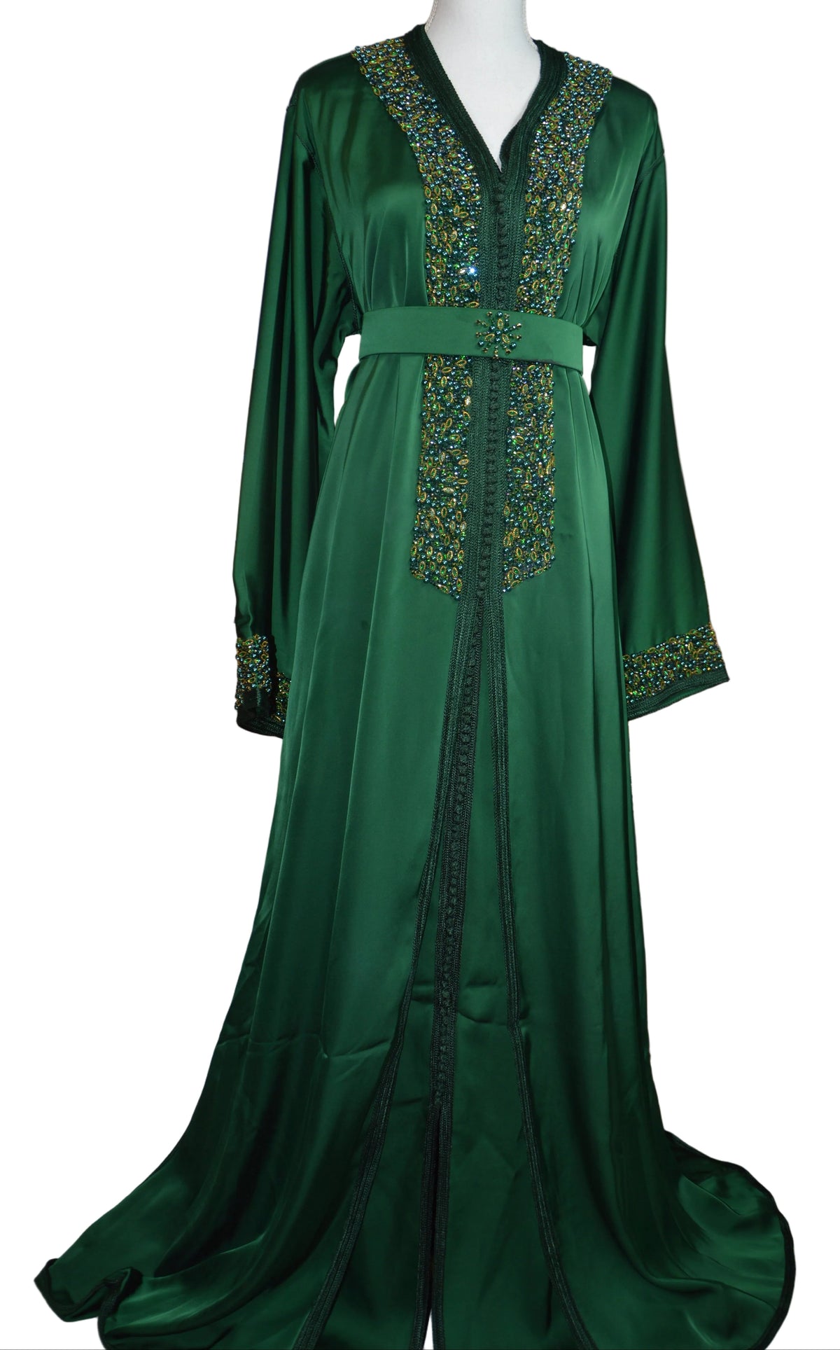 Takchita Satin Vert Ornée de Pierres Multicolores - Luxe Prestige