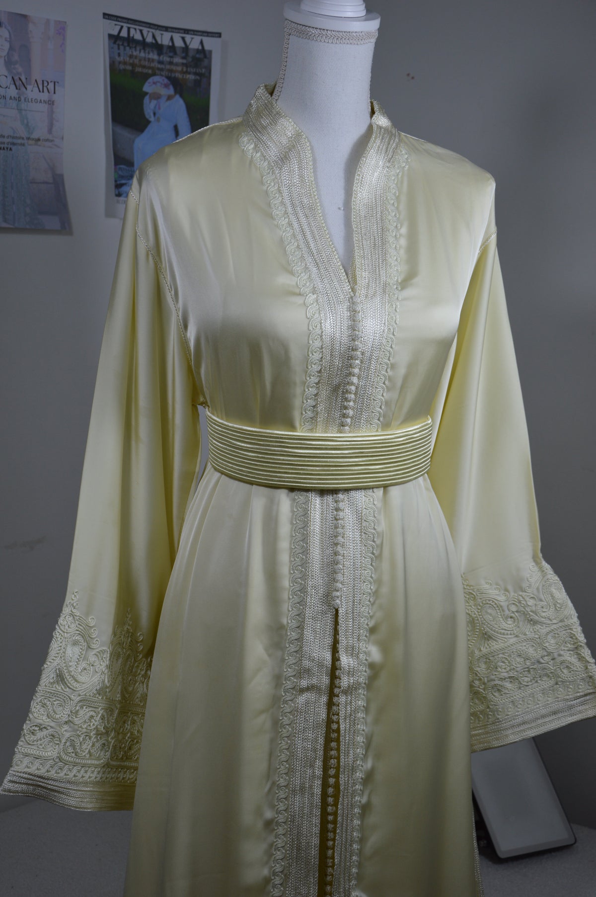 Pale Yellow Embroidered Satin Takchita – Moroccan Haute Couture