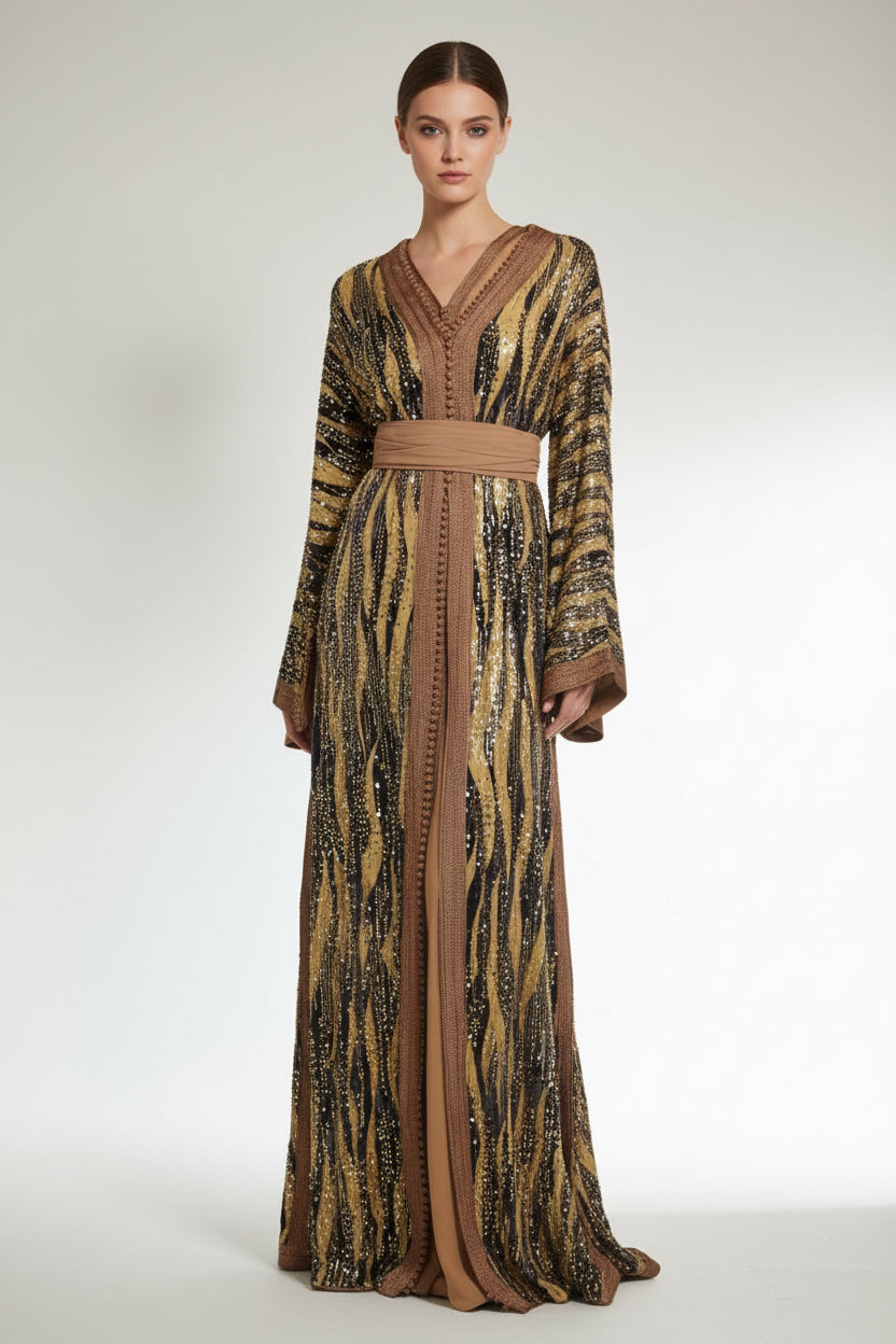 Luxury Gold & Silver Takchita – Caramel Velvet and Shiny Sequins