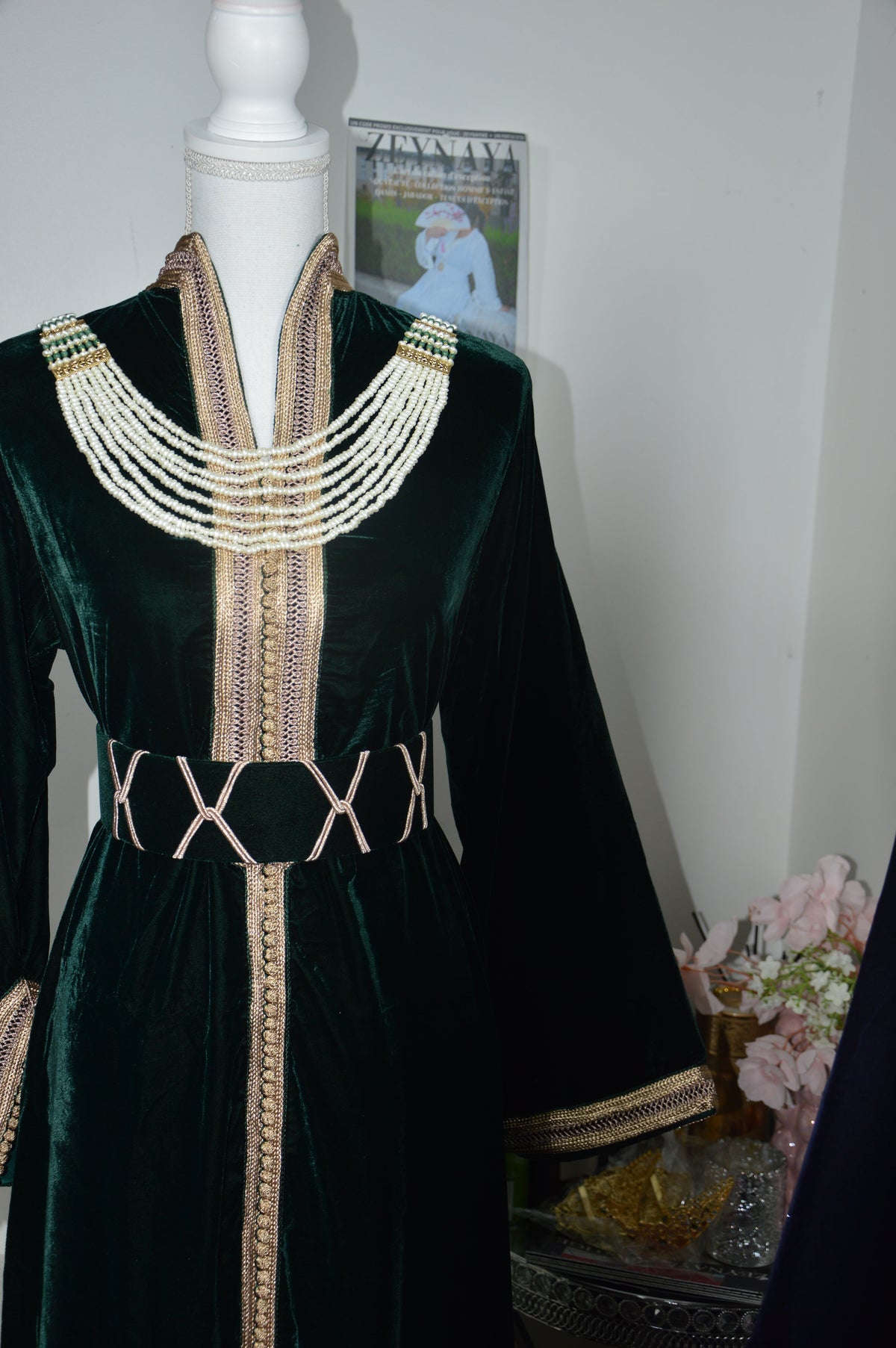 Caftan Col Montant Vert Royal - Velours Prestige
