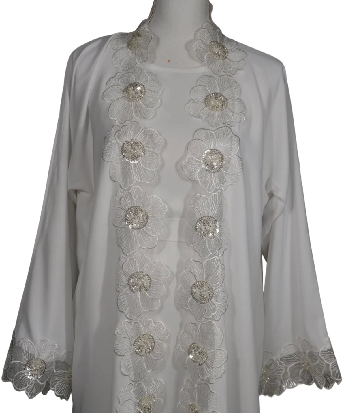 Abaya Kimono Blanche Mariee - Broderies Florales Argent