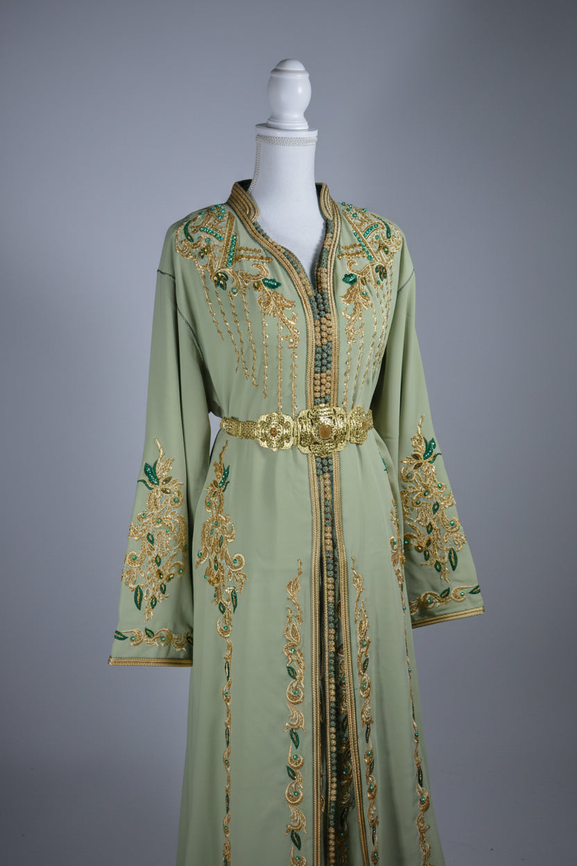 Nacreous Green Takchita – Exceptional Moroccan Splendor & Craftsmanship