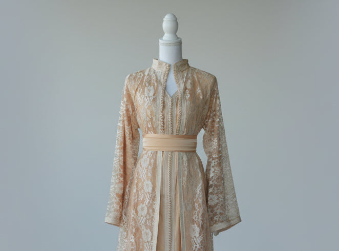 Nude Beige Lace Takchita – Grace, Transparency & Moroccan Luxury