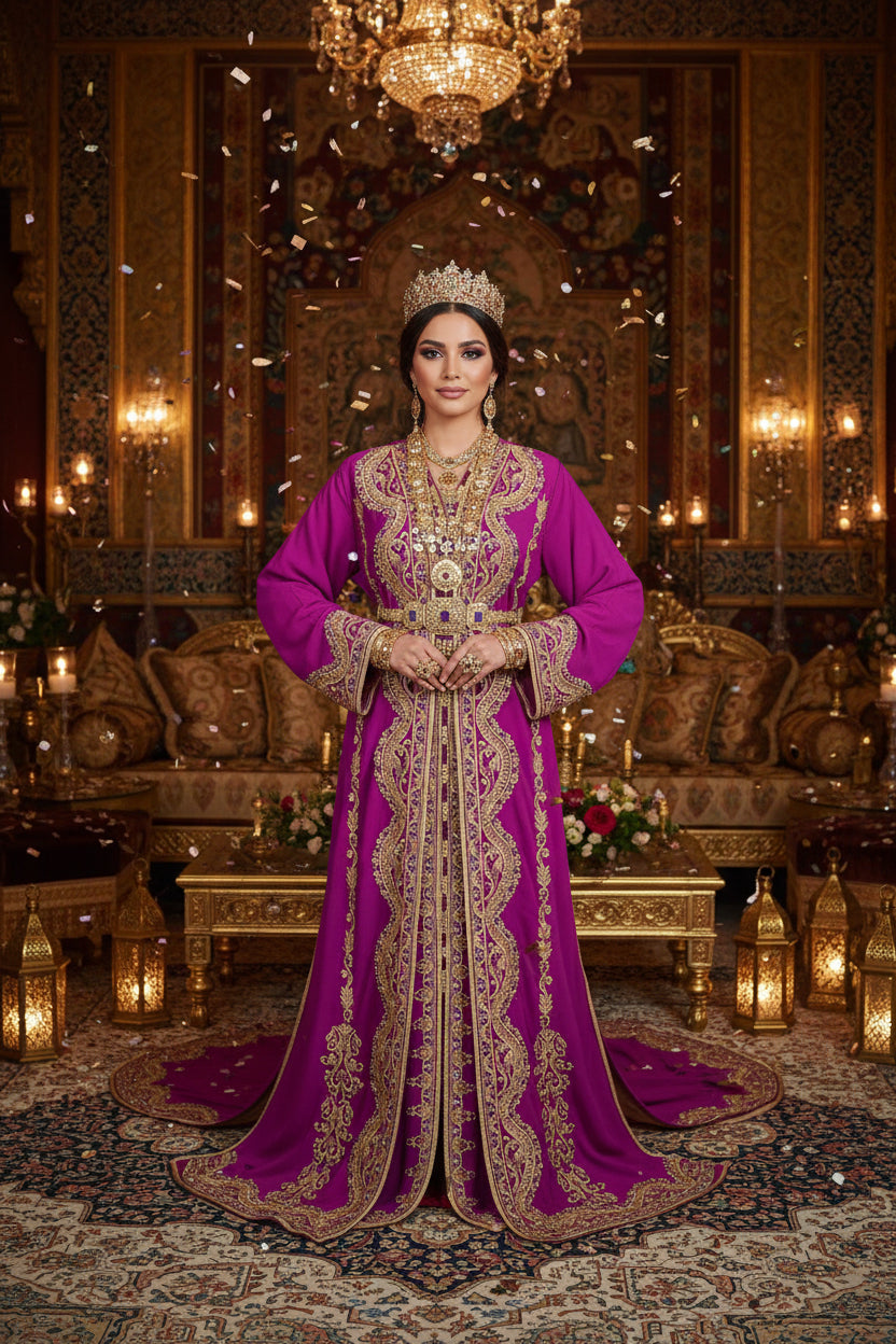 Caftan Mariée Fuchsia avec Traîne et Broderies Luxueuses