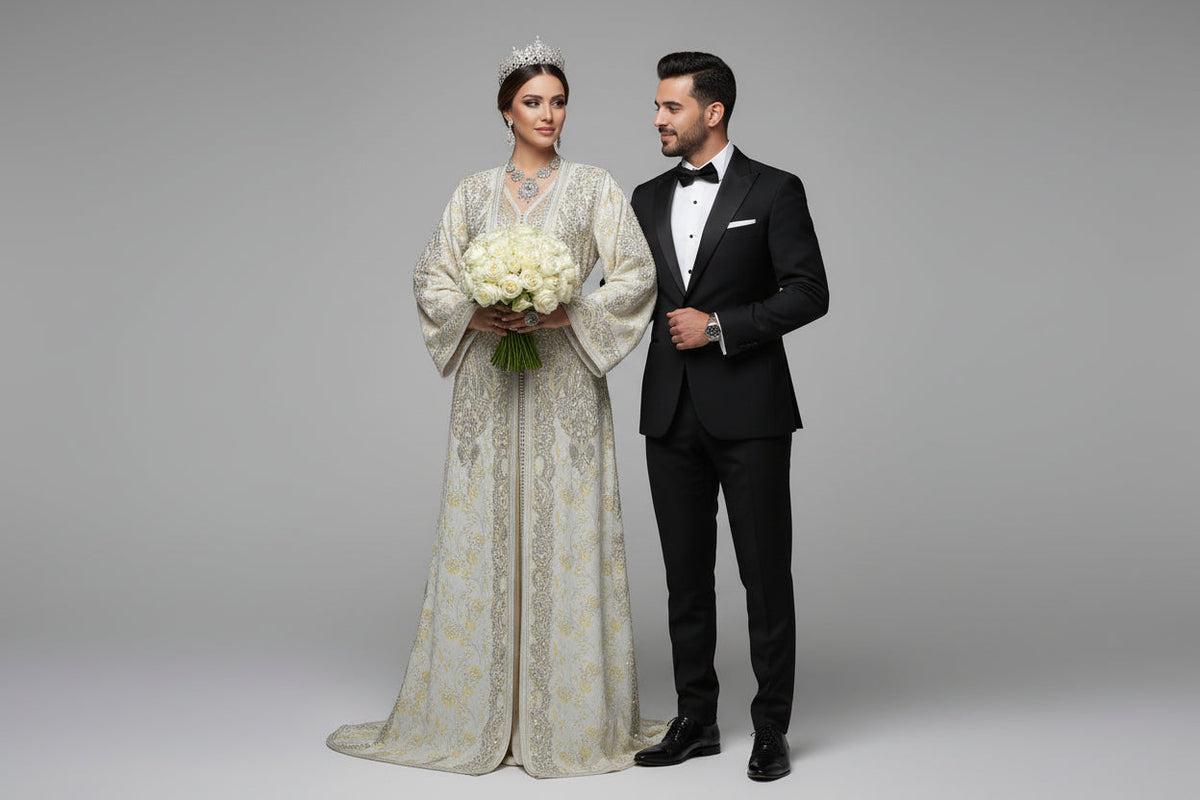 White Brocade Haute Couture Takchita – Moroccan Magnificence, Purity & Prestige
