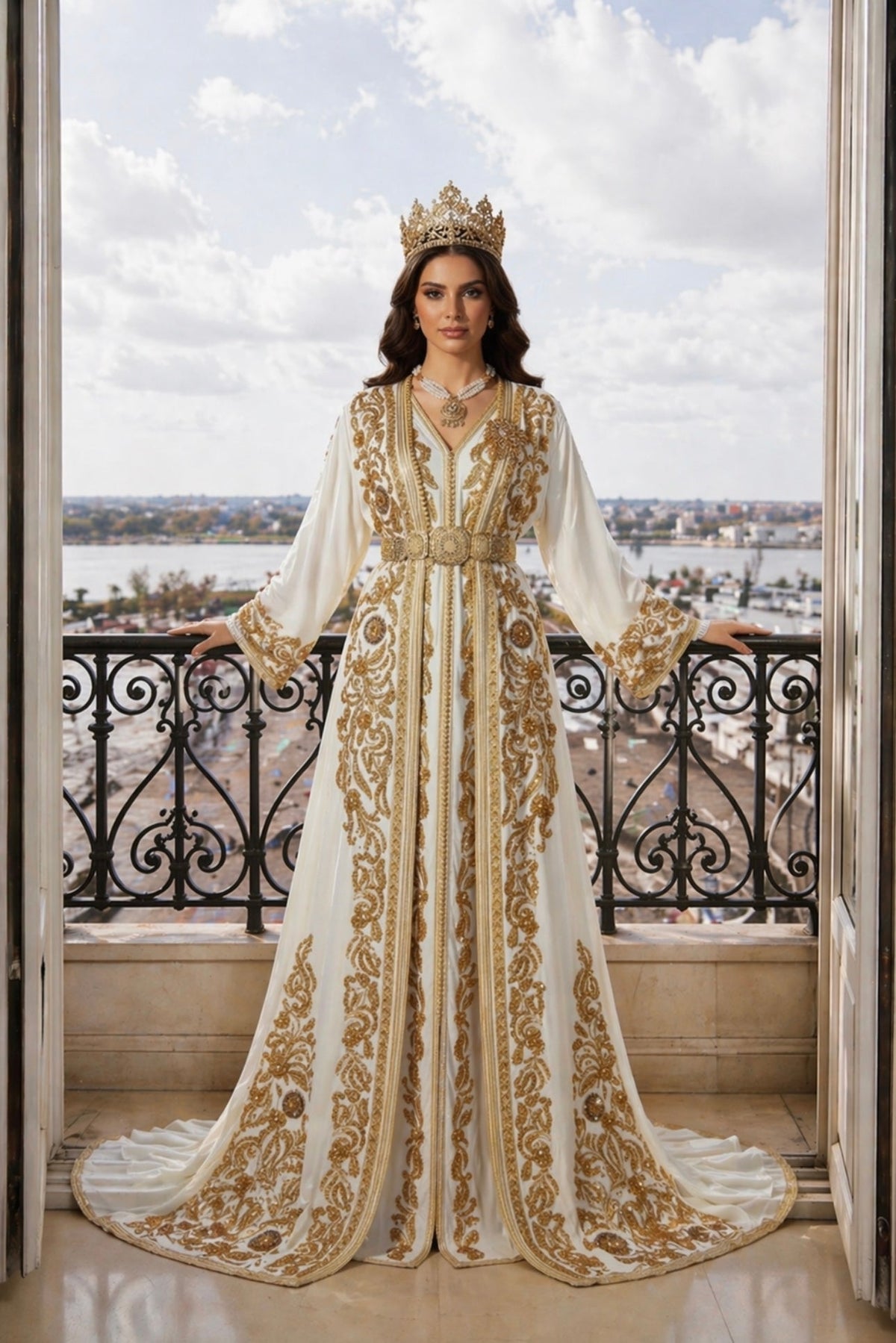 High Fashion White & Gold Floral Crepe Takchita