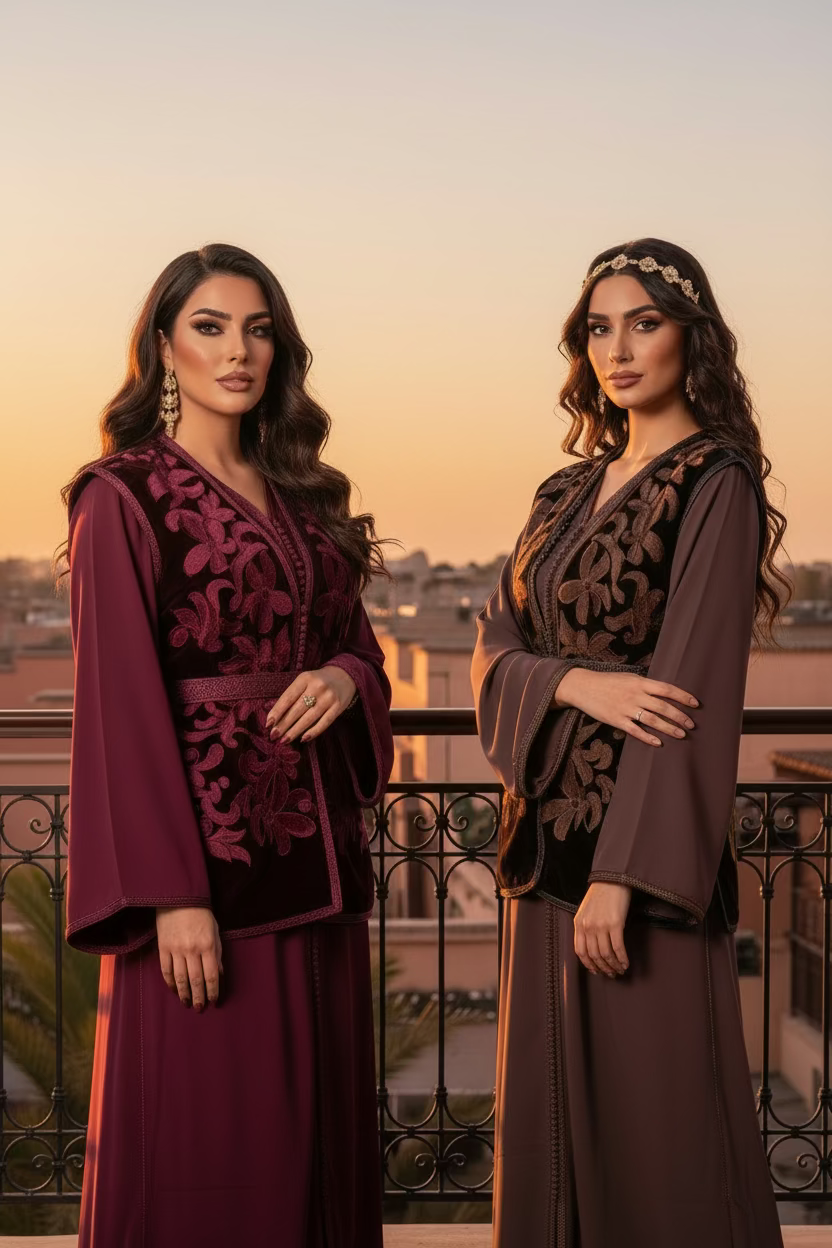 Caftan Veste Velours Marron Fleuri - Ensemble 2 Pièces