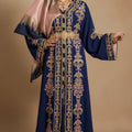 "Soraya" Royal Kaftan - Midnight Blue Hand-Embroidered - Pink Finishings
