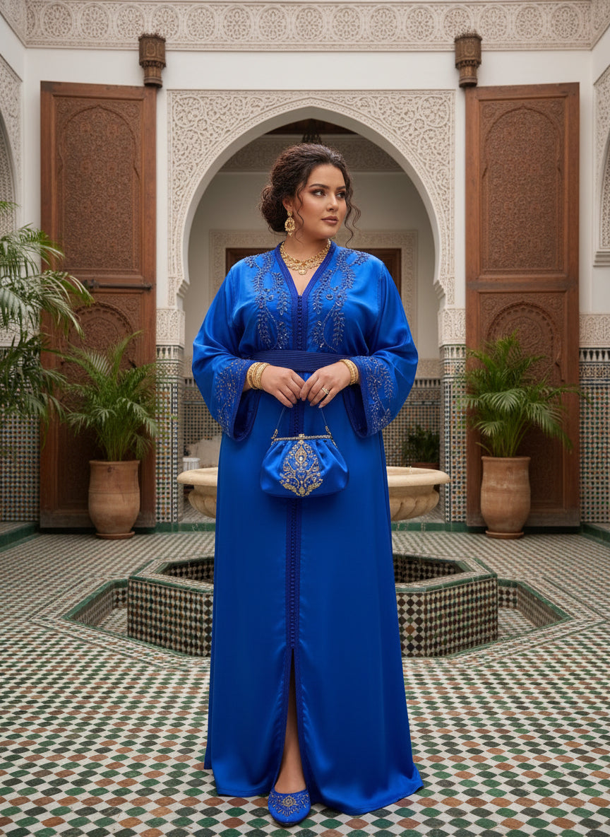 Caftan Bleu Roi Marocain de Luxe - Broderie Artisanale