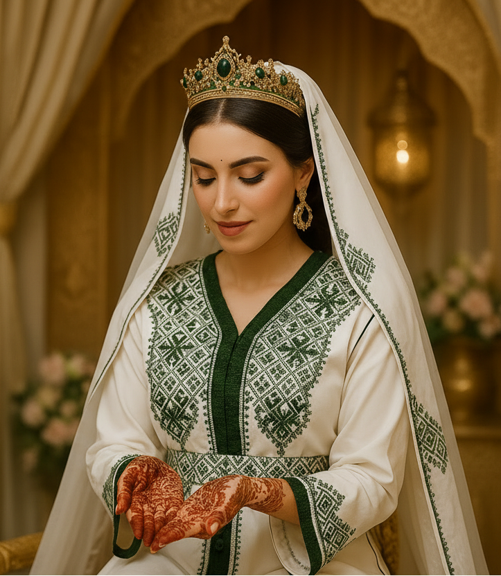 Caftan Blanc Brodé Vert Foncé – Broderies Traditionnelles Marocaines