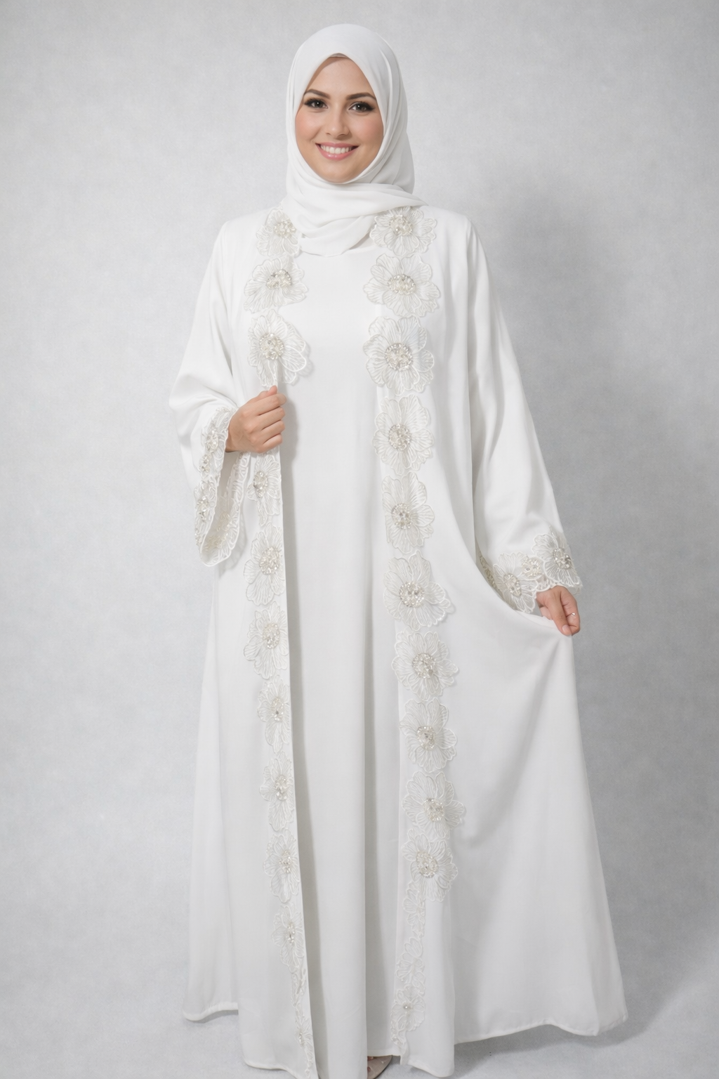 Abaya Kimono Blanche Mariee - Broderies Florales Argent