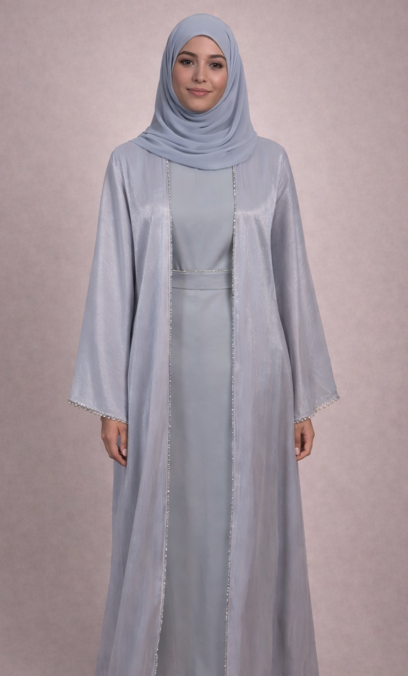 Abaya Kimono Gris Argent Satinee AVEC SES MANCHES PERLEES