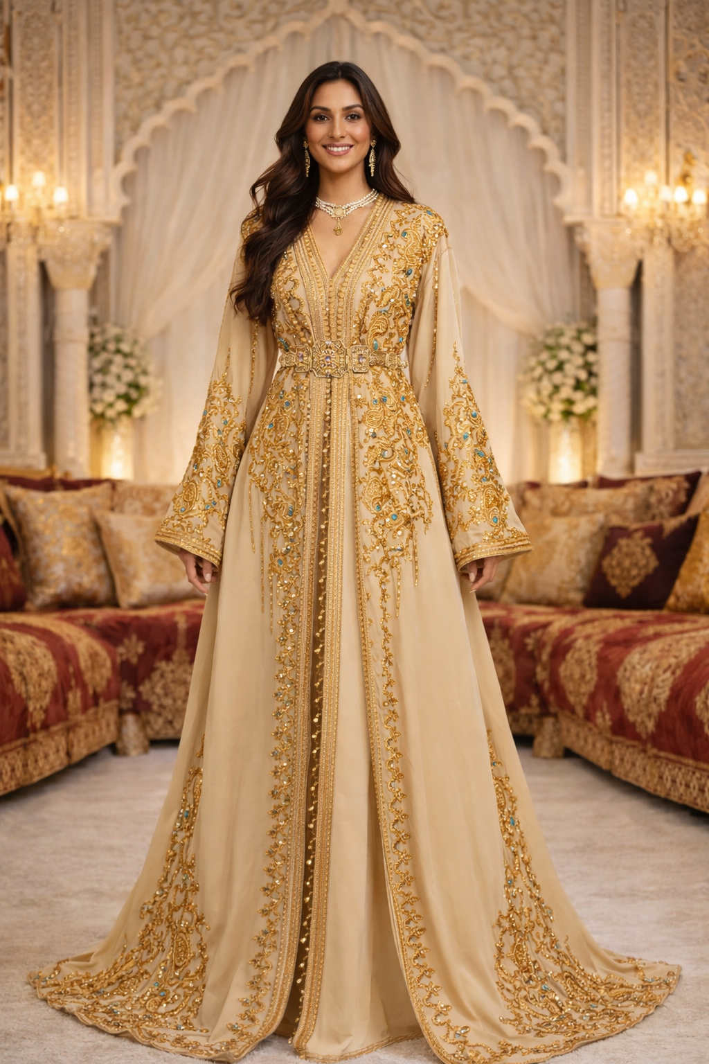 Takchita Haute Couture Crêpe Nacré Nude & Bleu Ciel – Douceur Céleste & Luxe Marocain