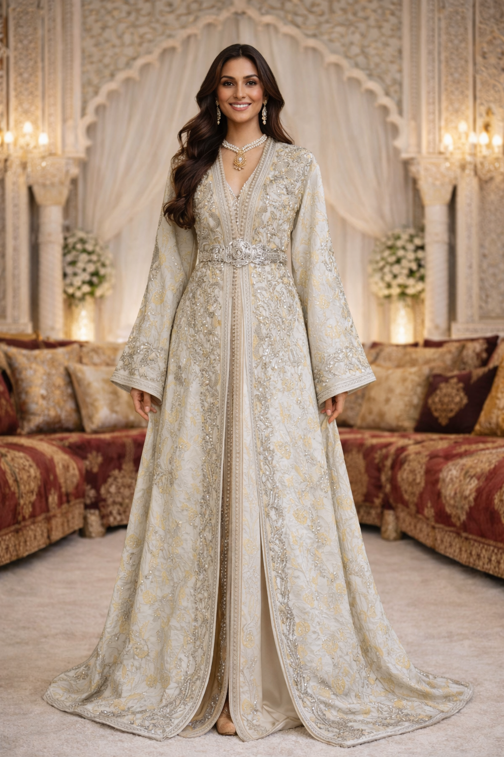 Takchita Haute Couture Brocart Blanche – Magnificence, Pureté & Prestige Marocain