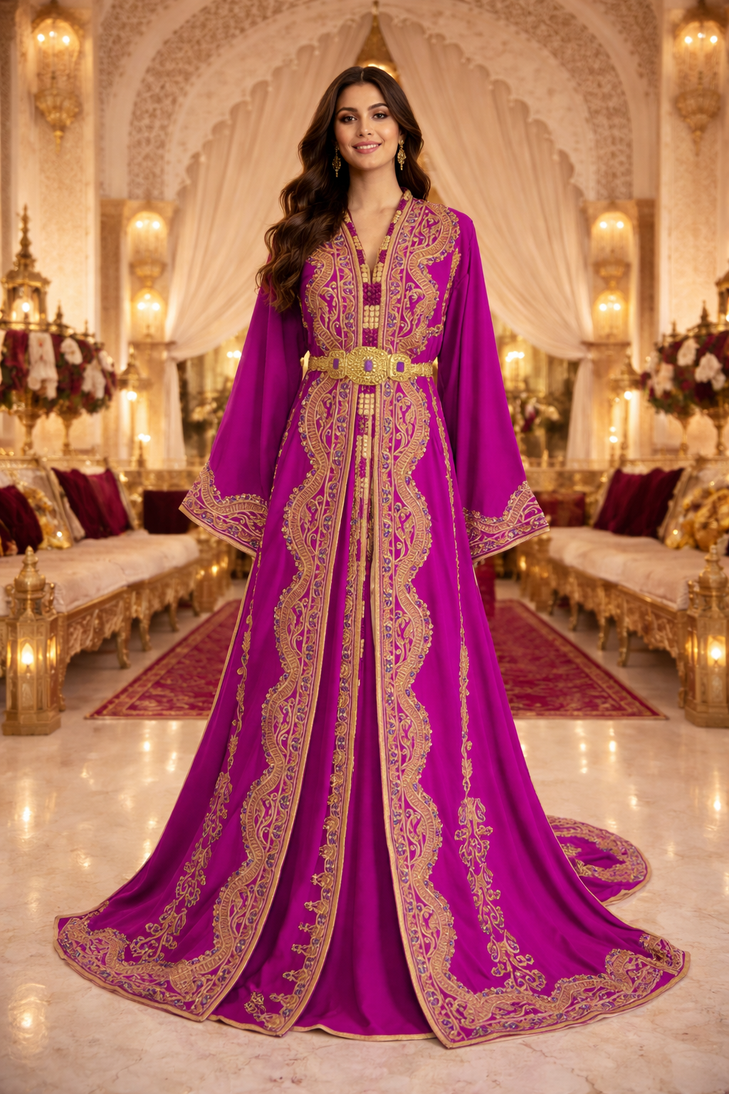 Caftan Mariée Fuchsia avec Traîne et Broderies Luxueuses