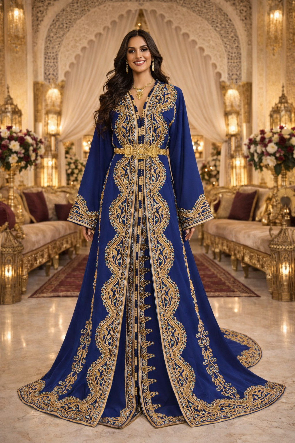 Caftan Mariée Bleu avec Traîne et Broderies Luxueuses