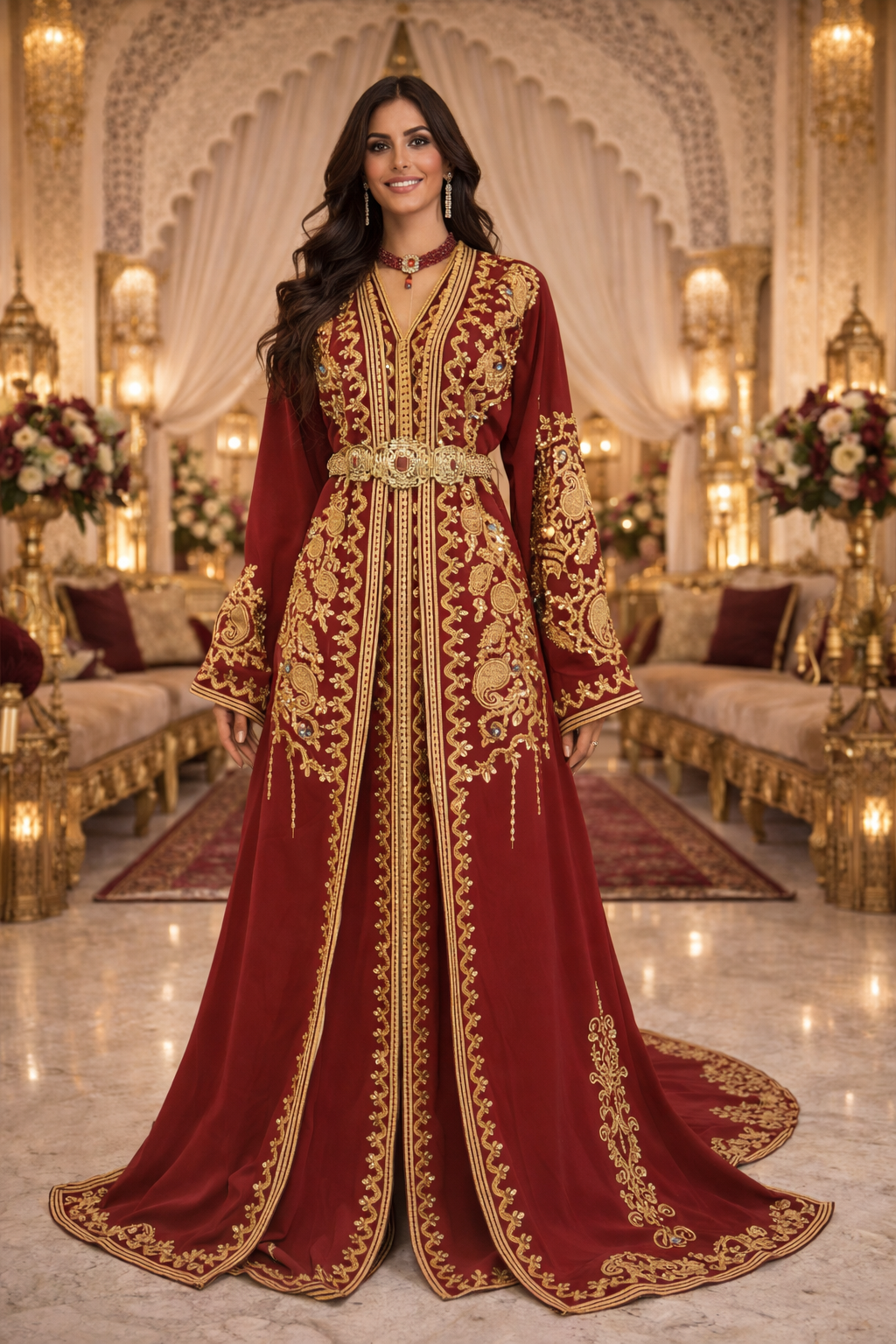 Takchita Haute Couture Crêpe Bordeaux – Profondeur, Noblesse & Luxe Marocain