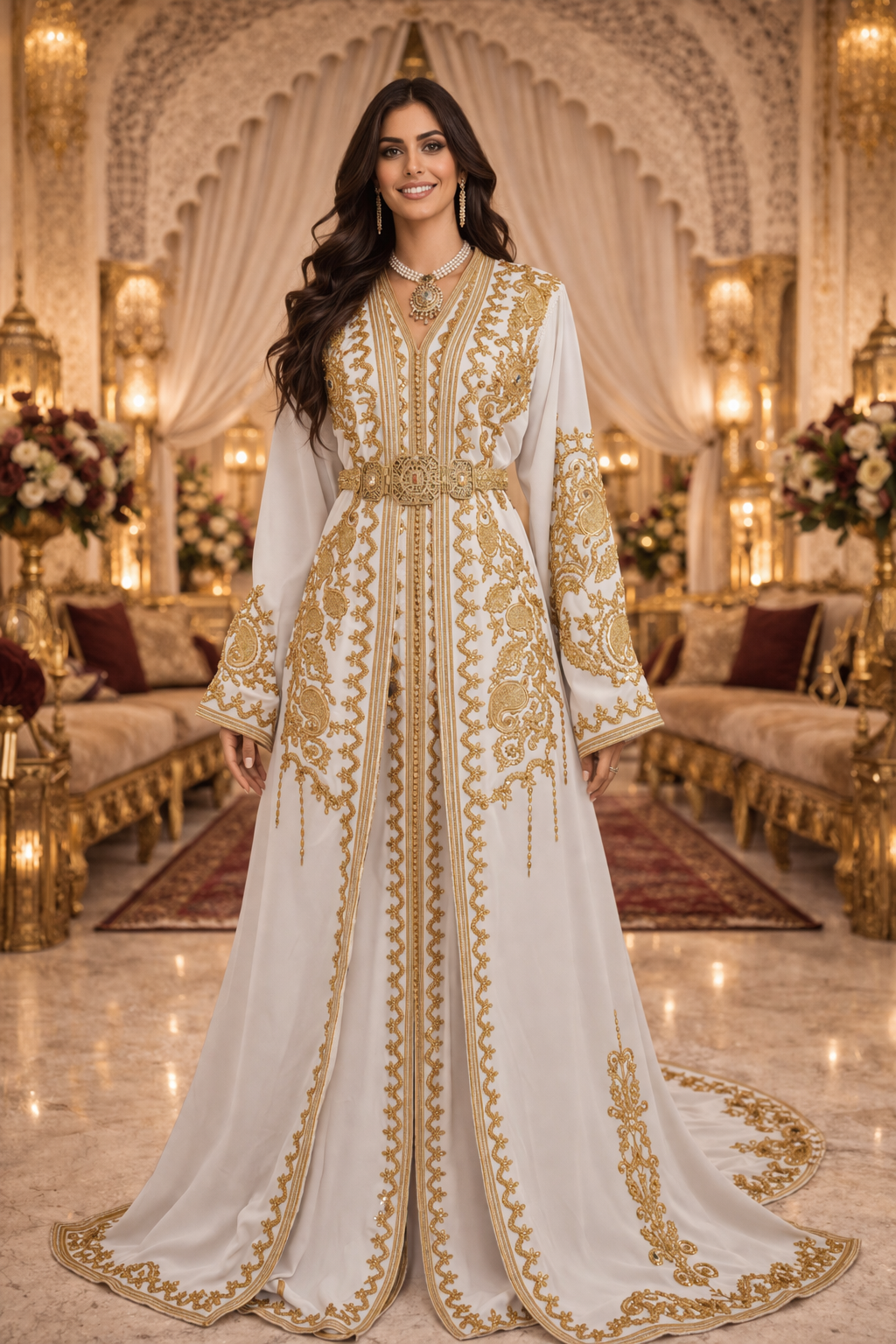 Takchita Haute Couture Blanche Nacrée & Or – Pureté Royale & Apogée du Luxe Marocain