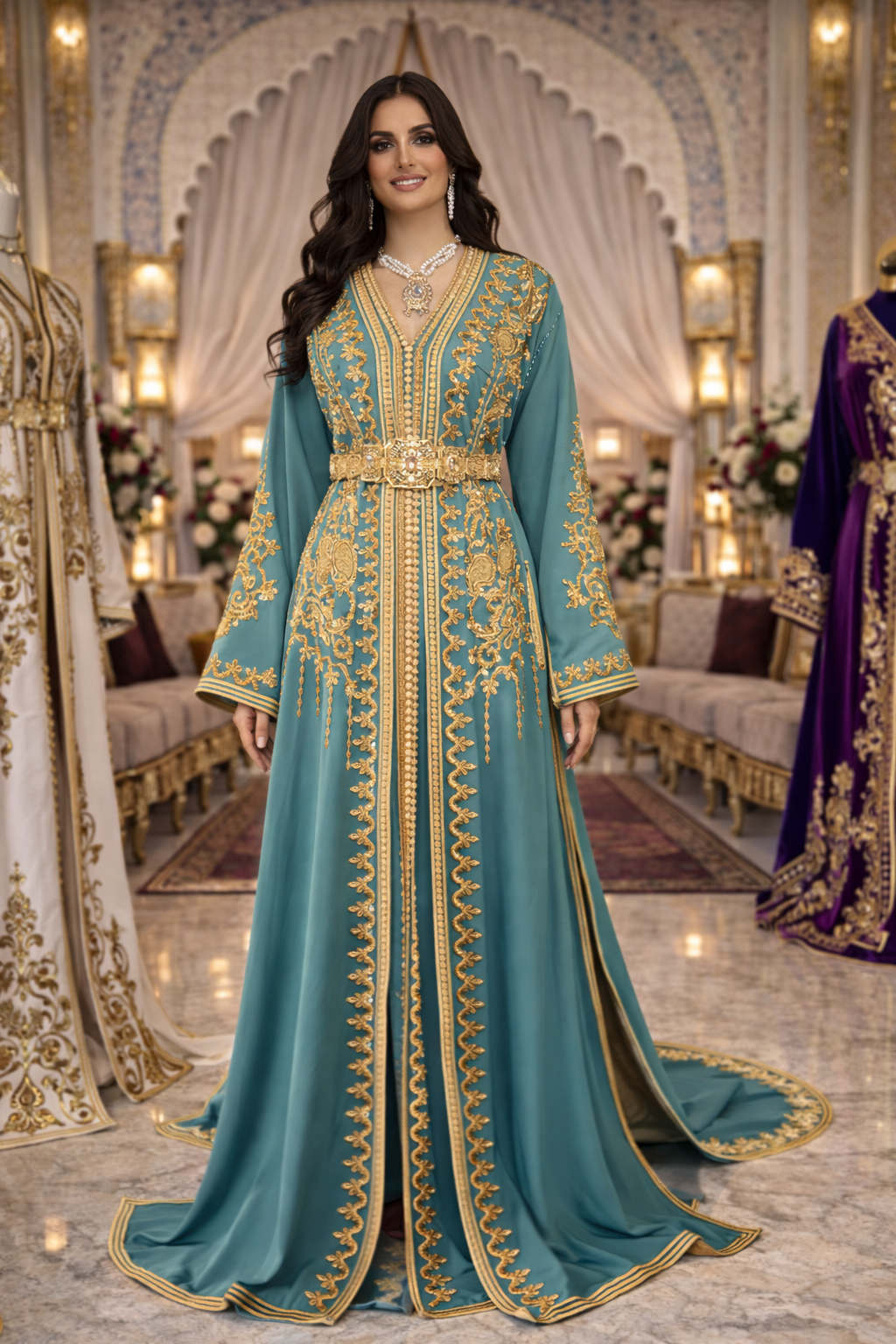 Takchita Haute Couture Crêpe Bleu & Or – Fluidité Royale & Luxe Marocain