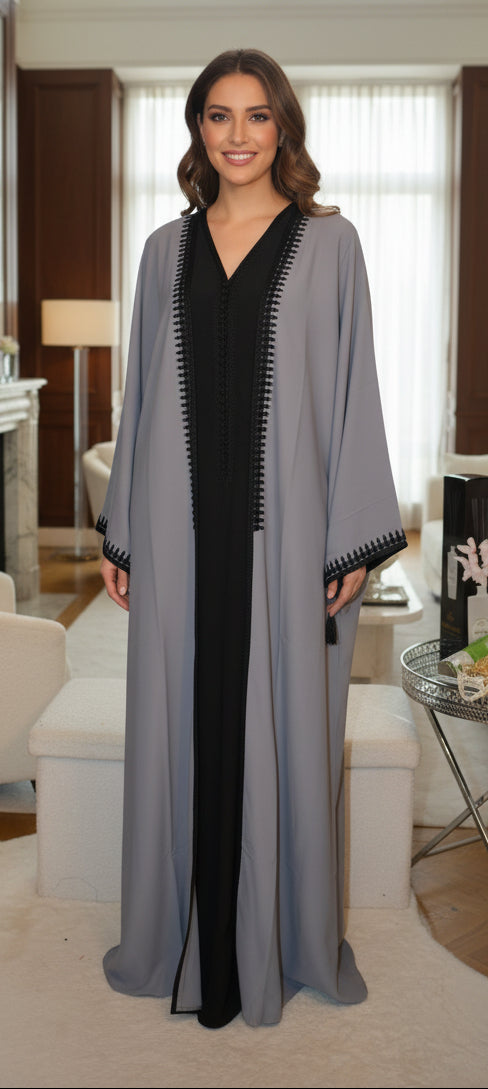 Kimono Crêpe Premium 2 Pièces - Robe Noire & Veste Gris Perle